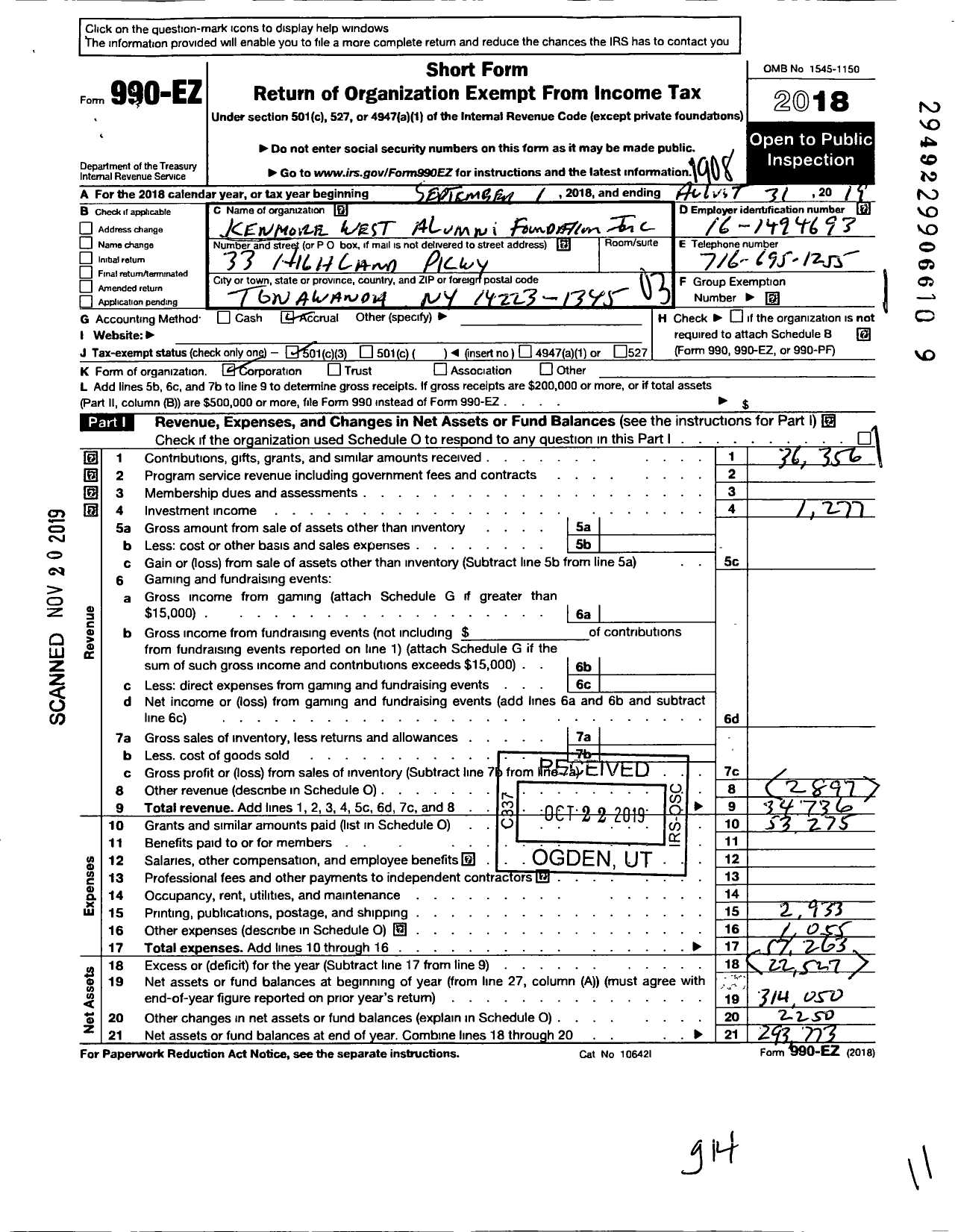 Image of first page of 2018 Form 990EZ for Kenmore West Alumni Foundation