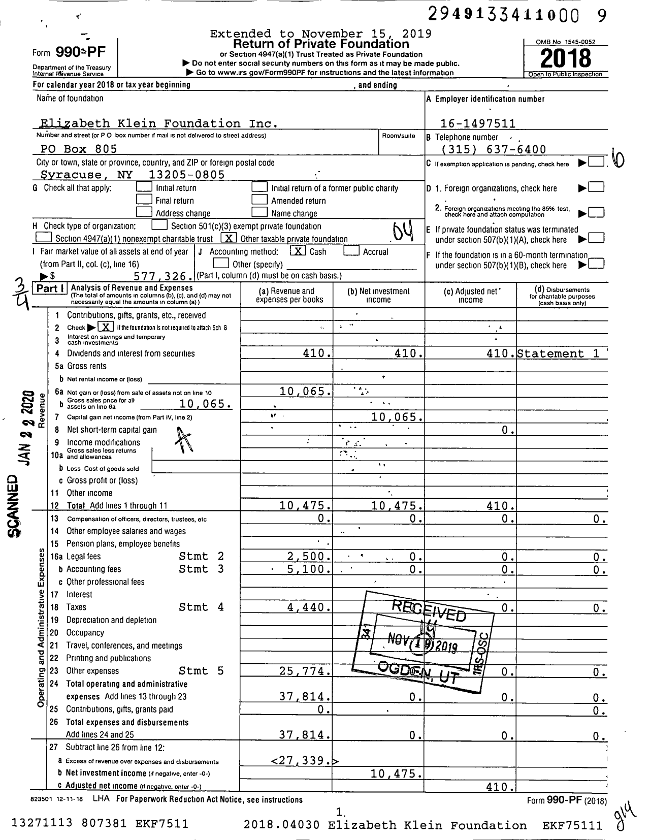 Image of first page of 2018 Form 990PF for Elizabeth Klein Foundation