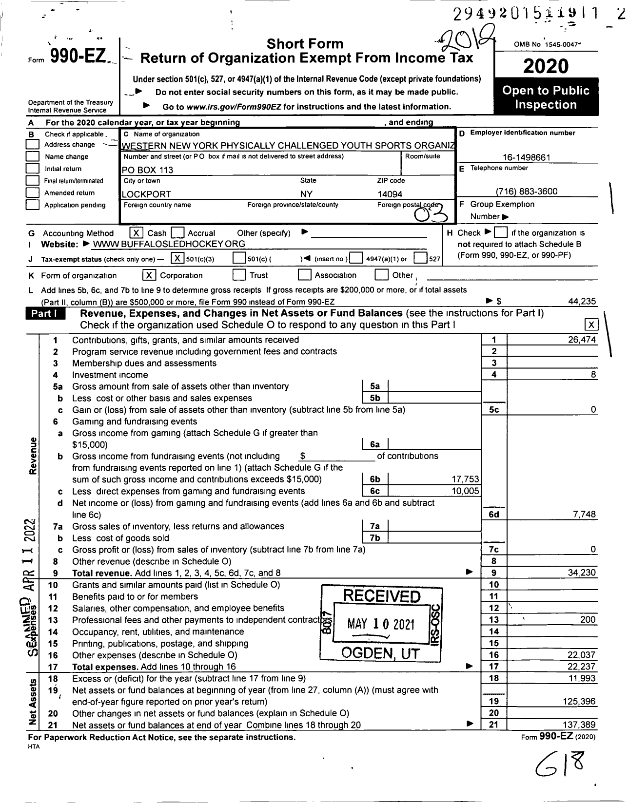 Image of first page of 2020 Form 990EZ for Western New York Physically Challenged Youth Sports Organiz