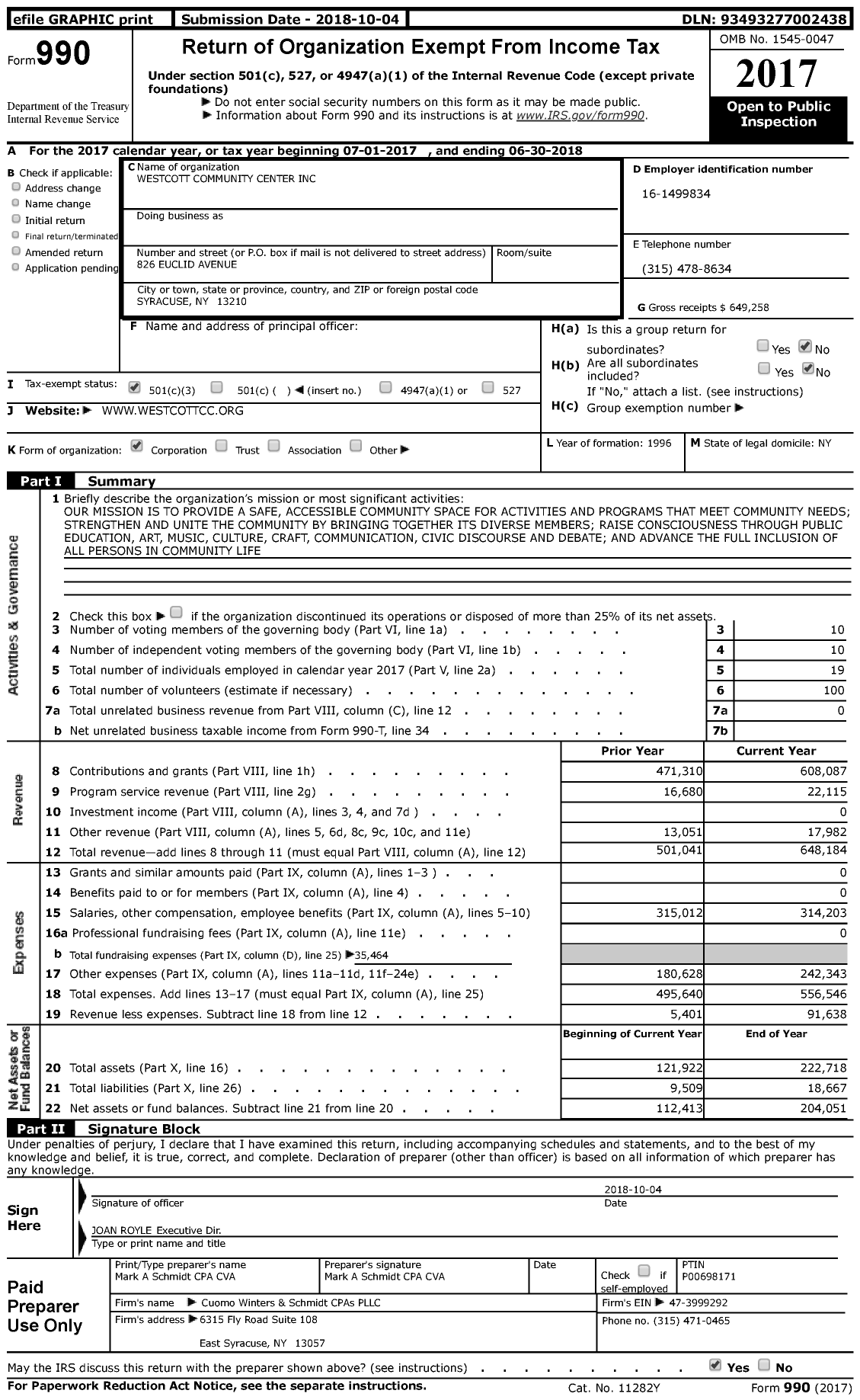 Image of first page of 2017 Form 990 for Westcott Community Center