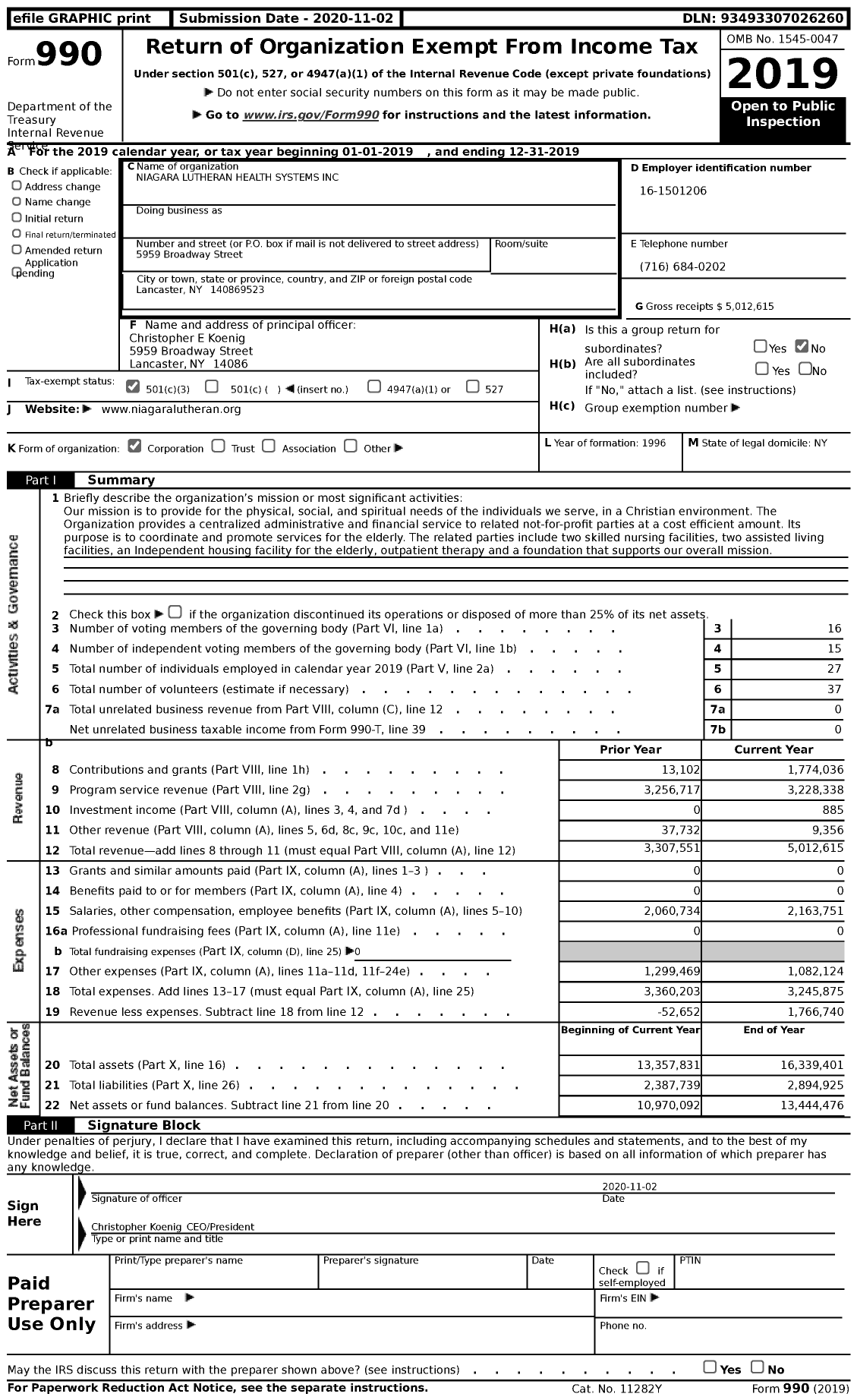 Image of first page of 2019 Form 990 for Niagara Lutheran Health Systems