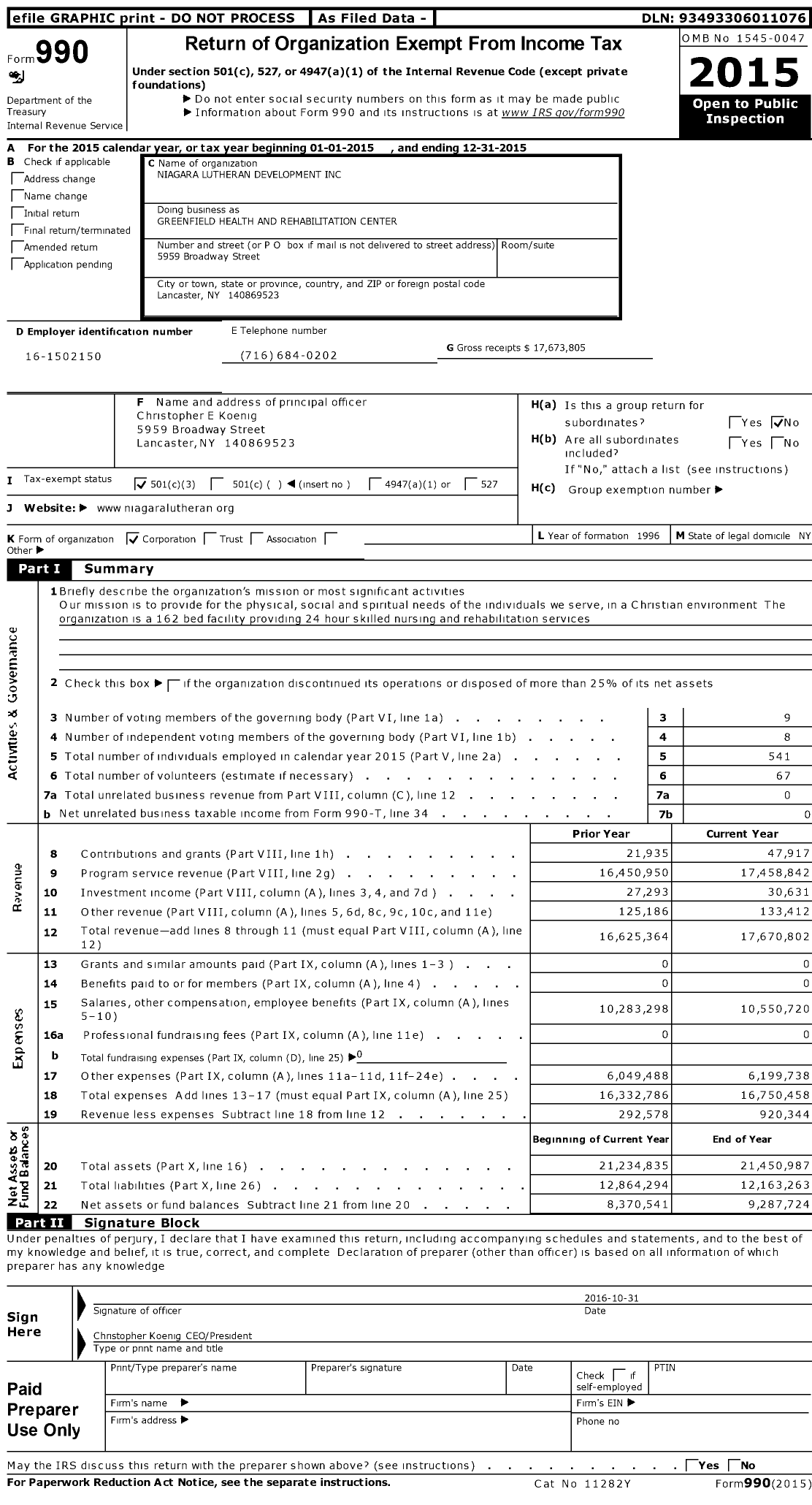 Image of first page of 2015 Form 990 for Greenfield Health and Rehabilitation Center
