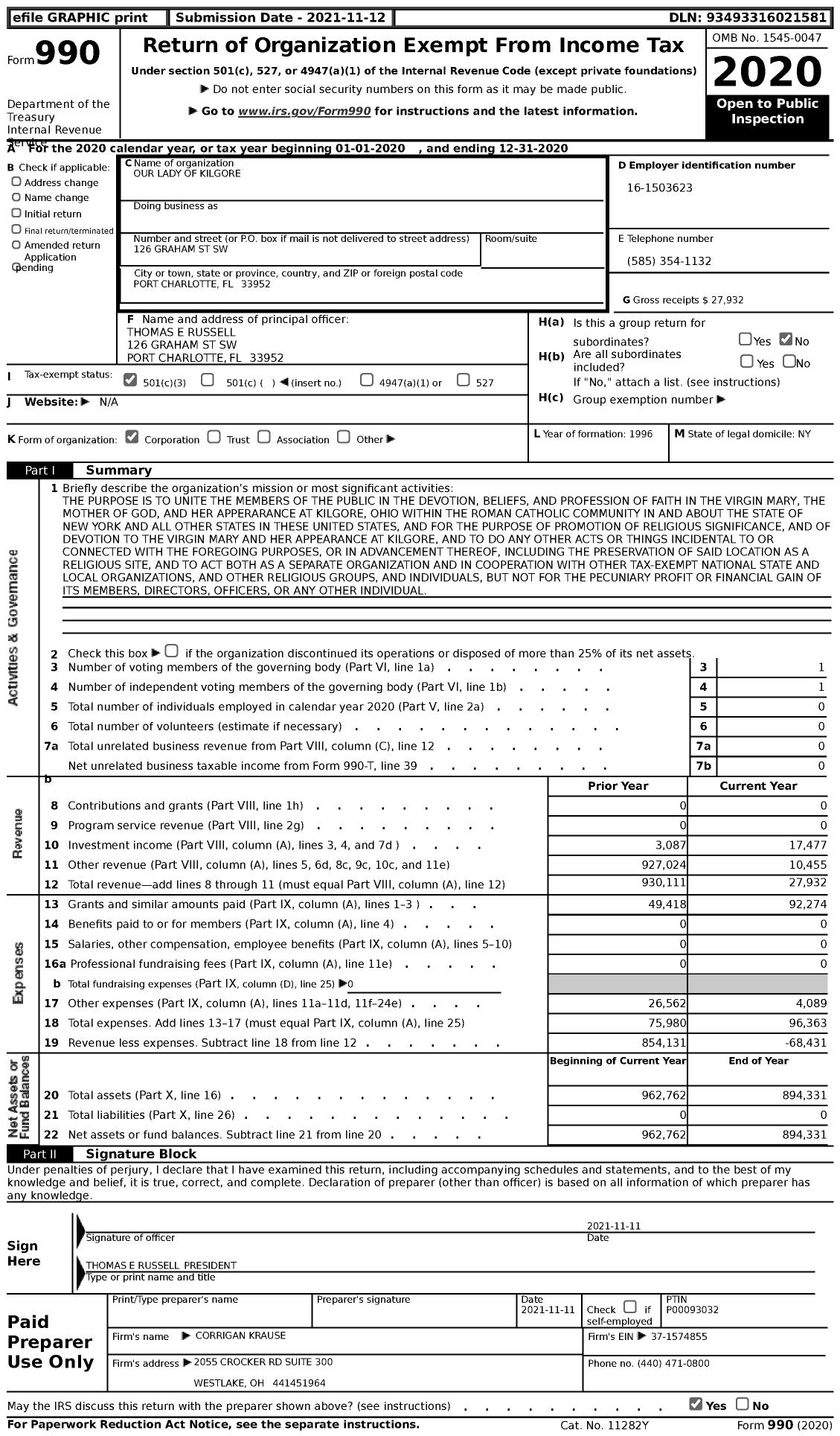 Image of first page of 2020 Form 990 for Our Lady of Kilgore