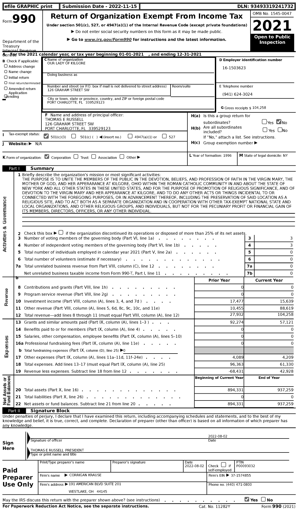 Image of first page of 2021 Form 990 for Our Lady of Kilgore