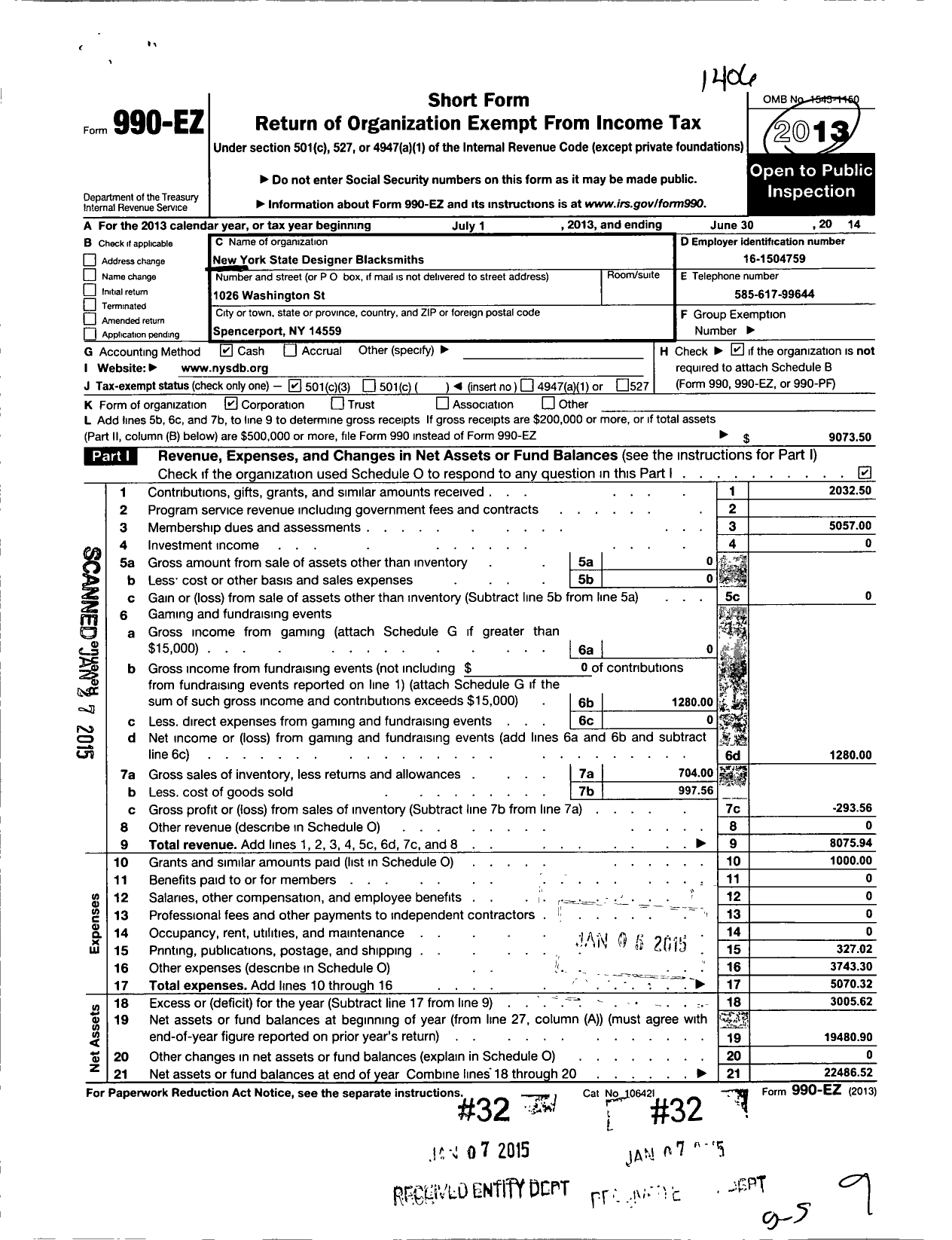 Image of first page of 2013 Form 990EZ for New York State Designer Blacksmiths