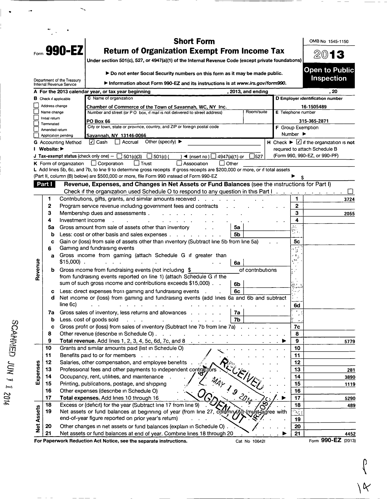 Image of first page of 2013 Form 990EO for Chamber of Commerce of the Town of Savannah Wayne County Ny