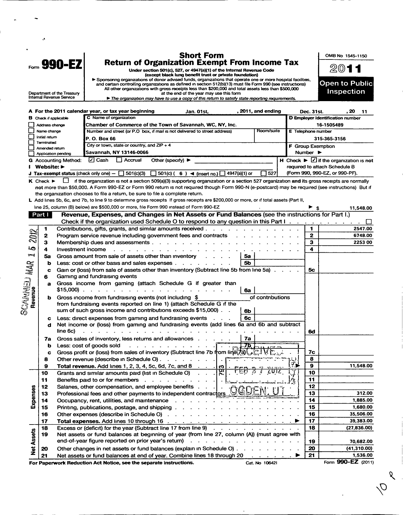 Image of first page of 2011 Form 990EO for Chamber of Commerce of the Town of Savannah Wayne County Ny