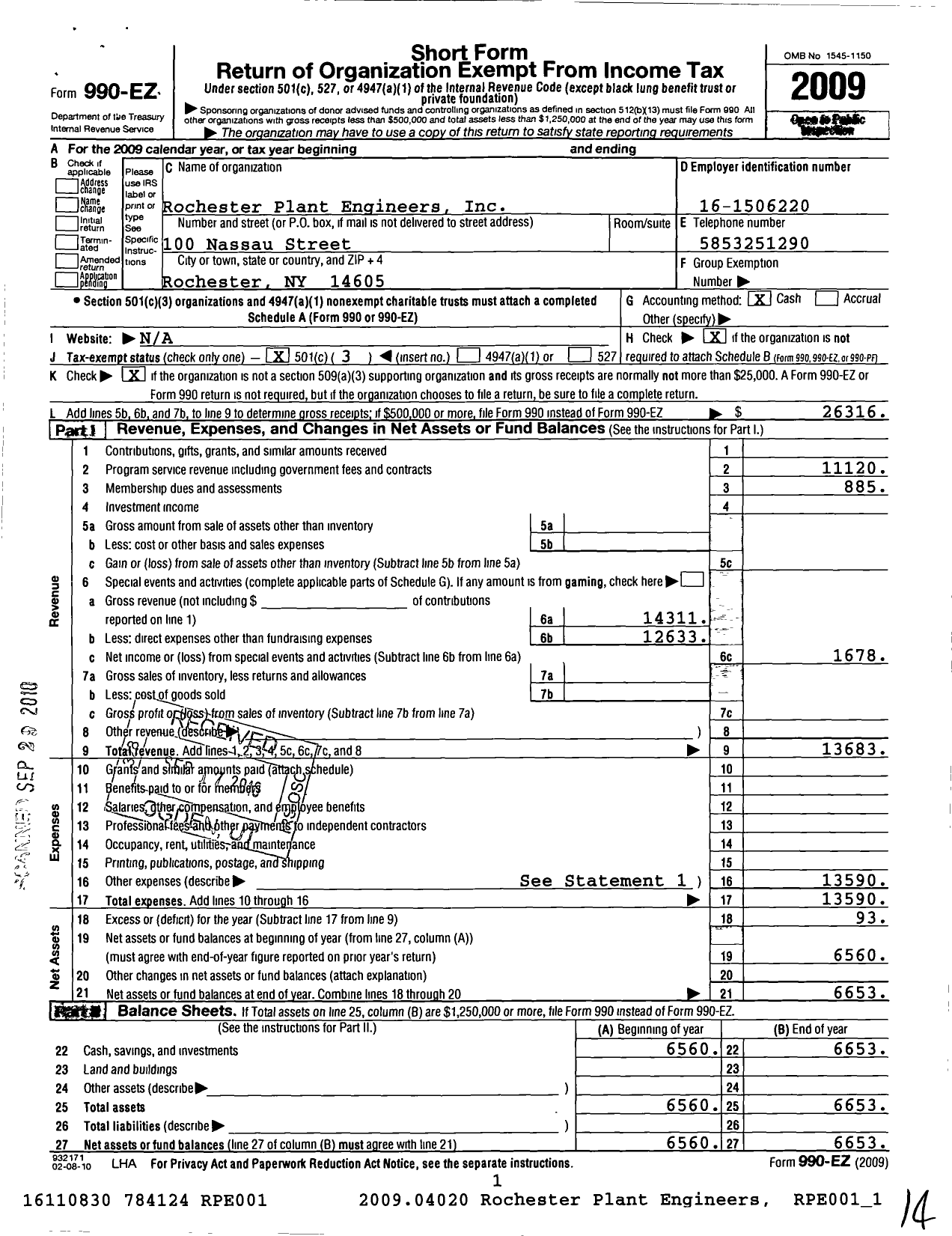 Image of first page of 2009 Form 990EZ for Rochester Plant Engineers