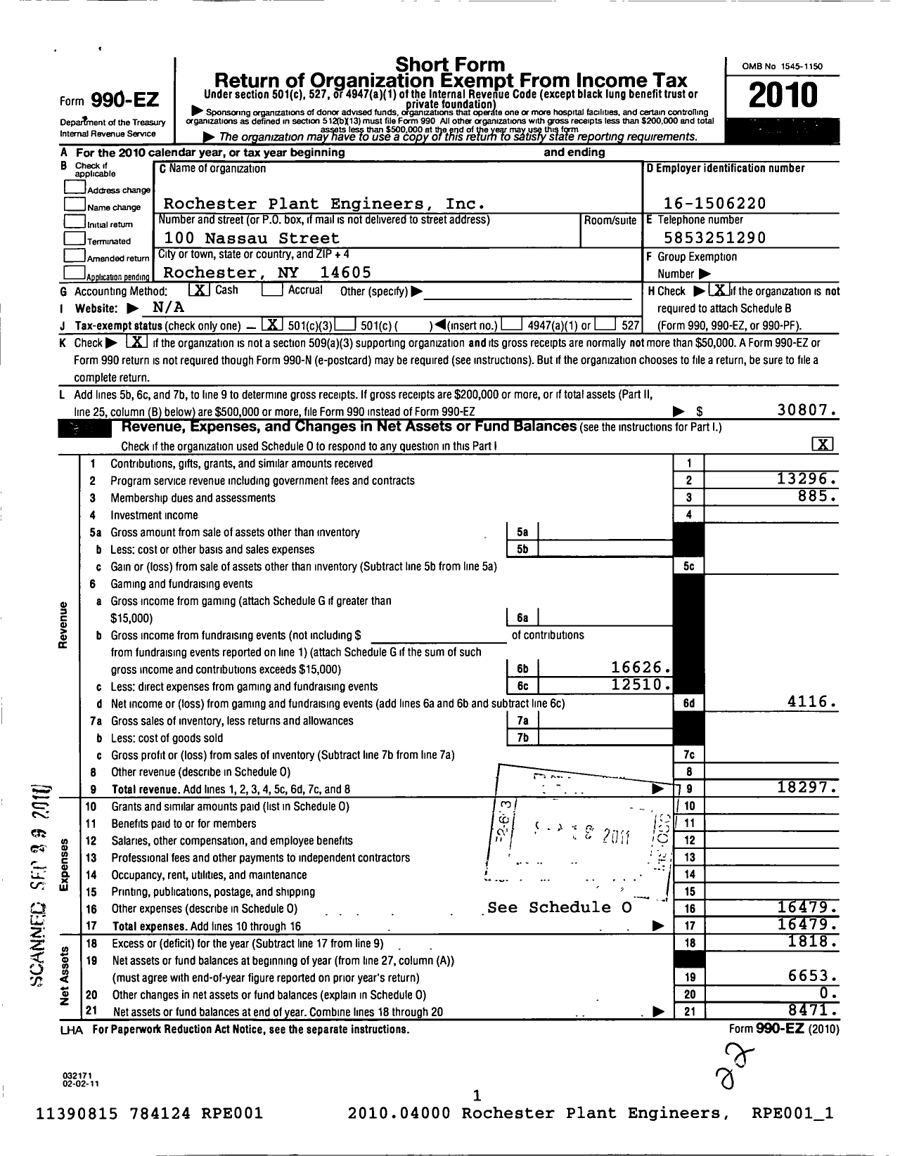 Image of first page of 2010 Form 990EZ for Rochester Plant Engineers