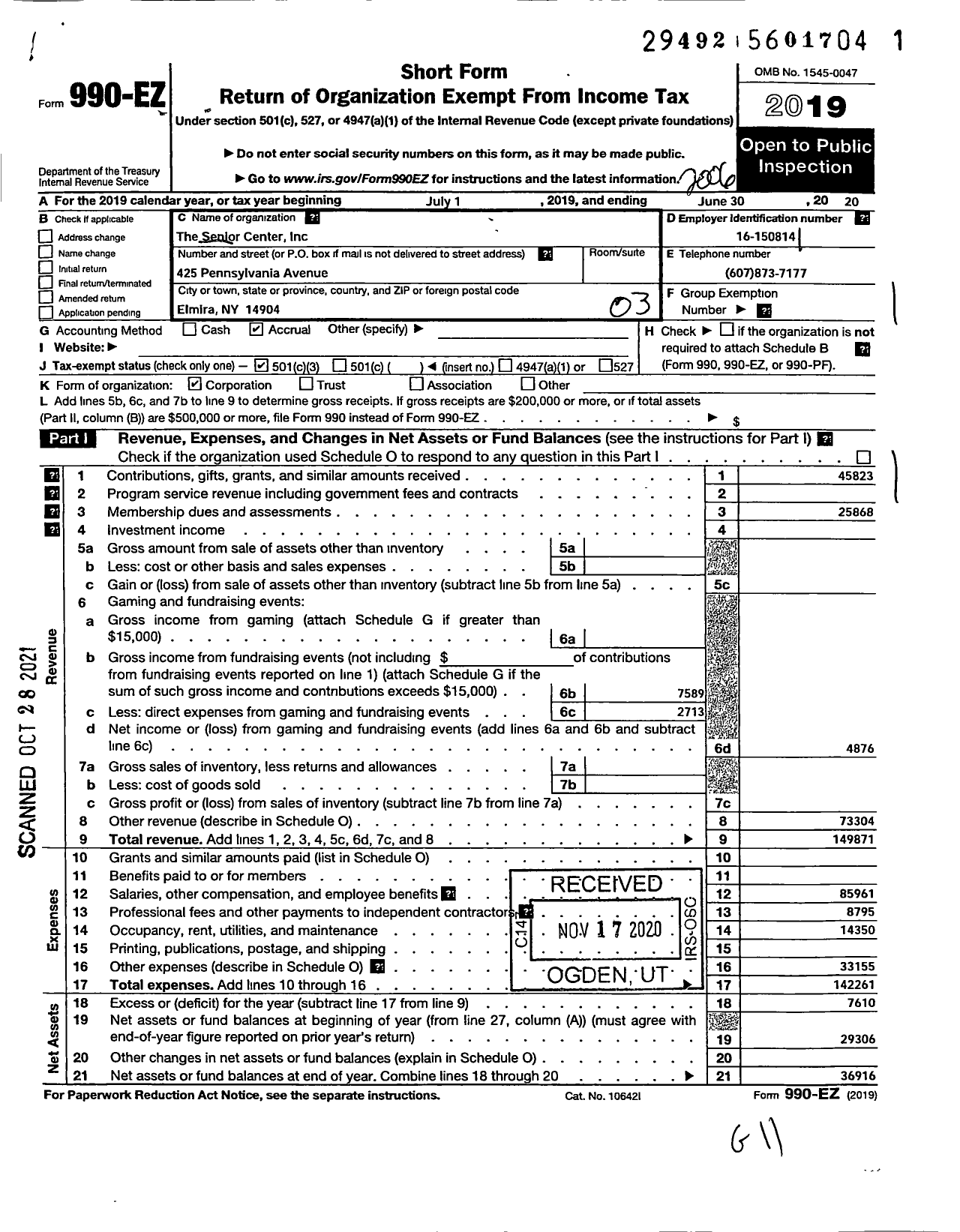 Image of first page of 2019 Form 990EZ for The Senior Center