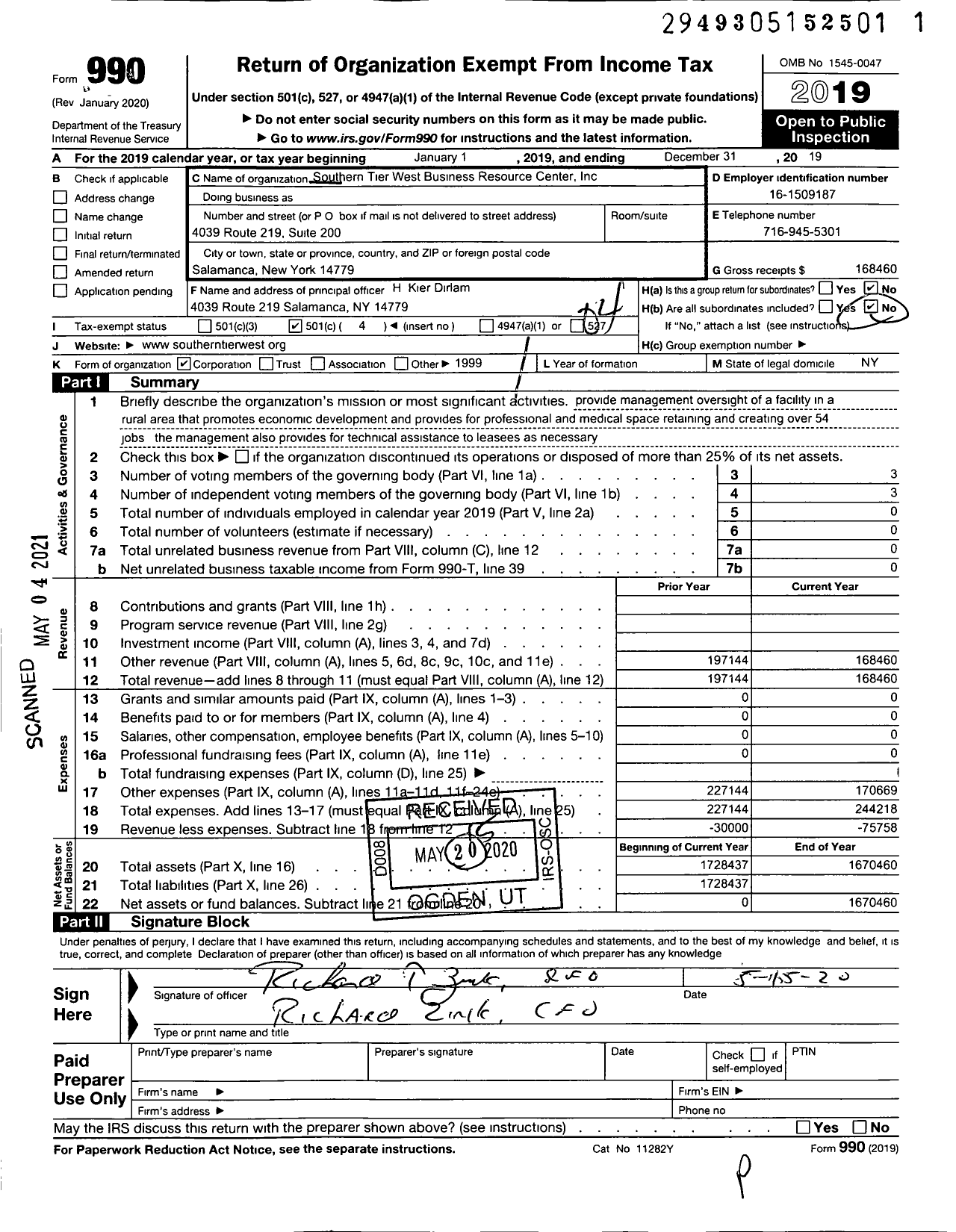 Image of first page of 2019 Form 990O for Southern Tier West Business Resource Center