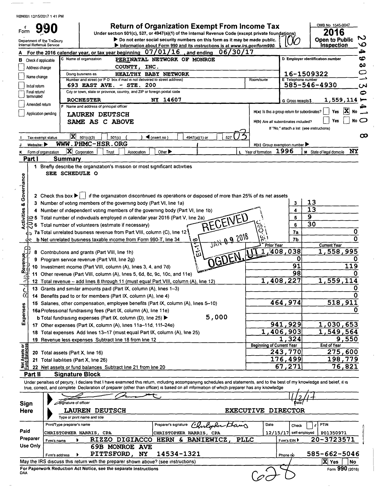 Image of first page of 2016 Form 990 for Healthy Baby Network