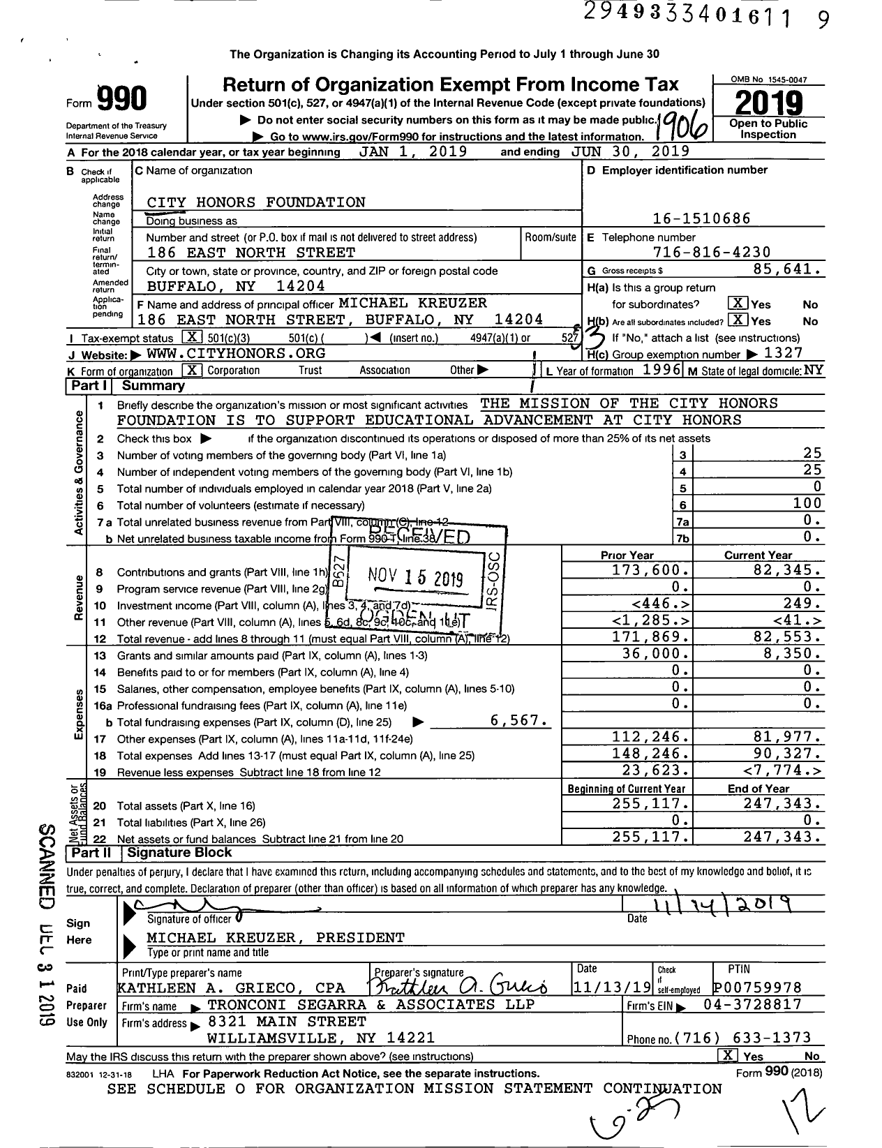 Image of first page of 2018 Form 990 for City Honors Foundation