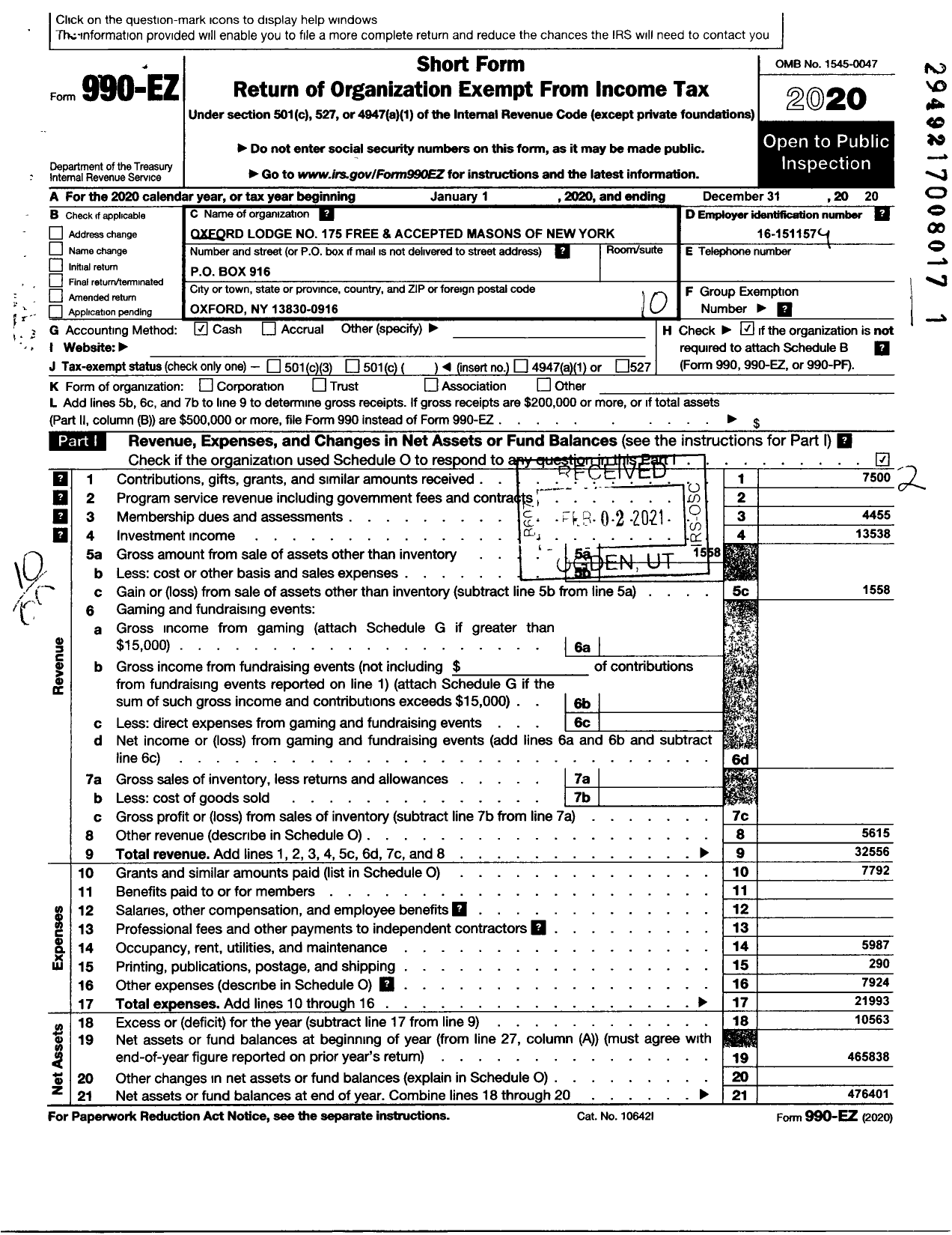 Image of first page of 2020 Form 990EO for Free and Accepted Masons of New York - 175 Oxford Lodge