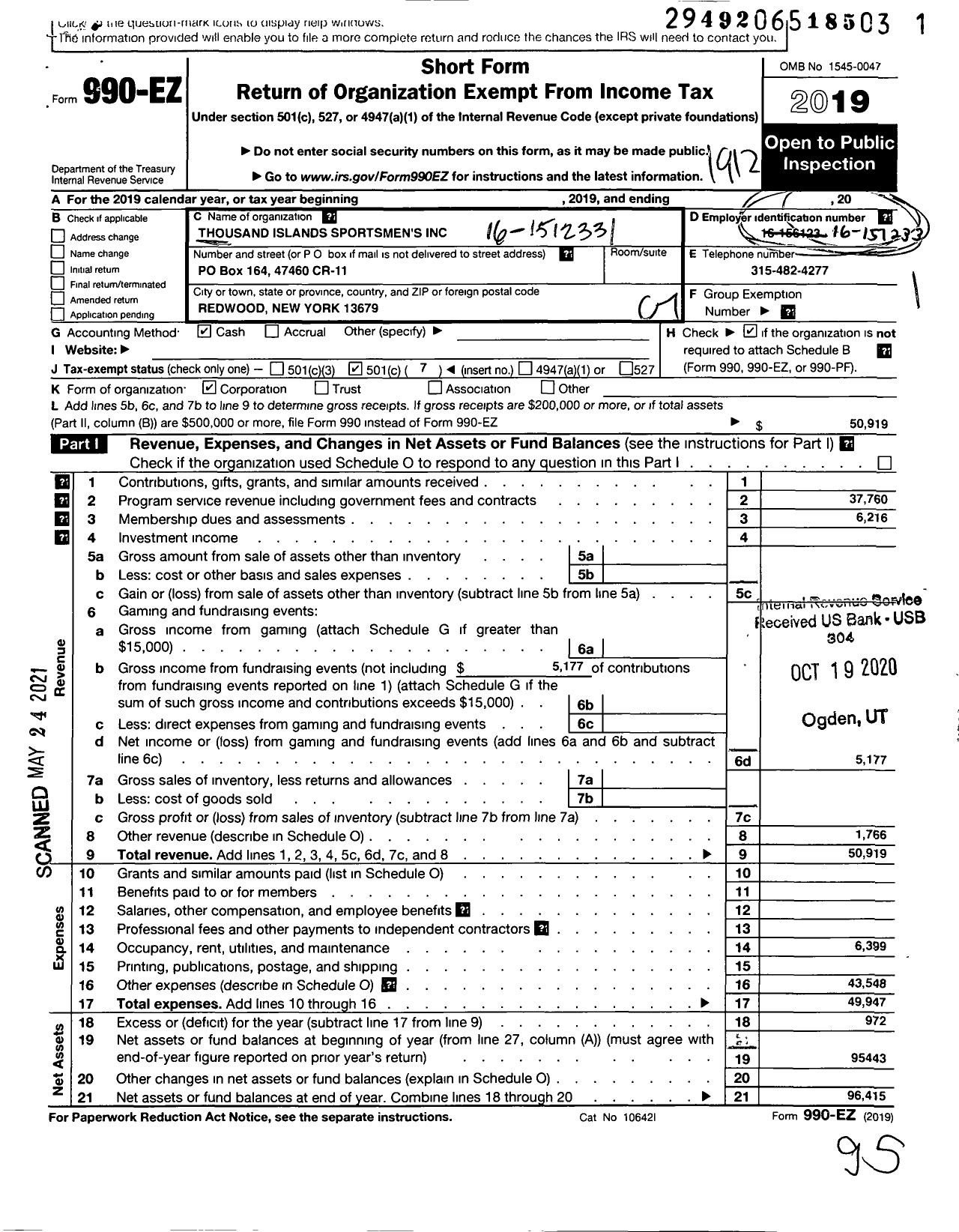 Image of first page of 2019 Form 990EO for Thousand Islands Sportsmens