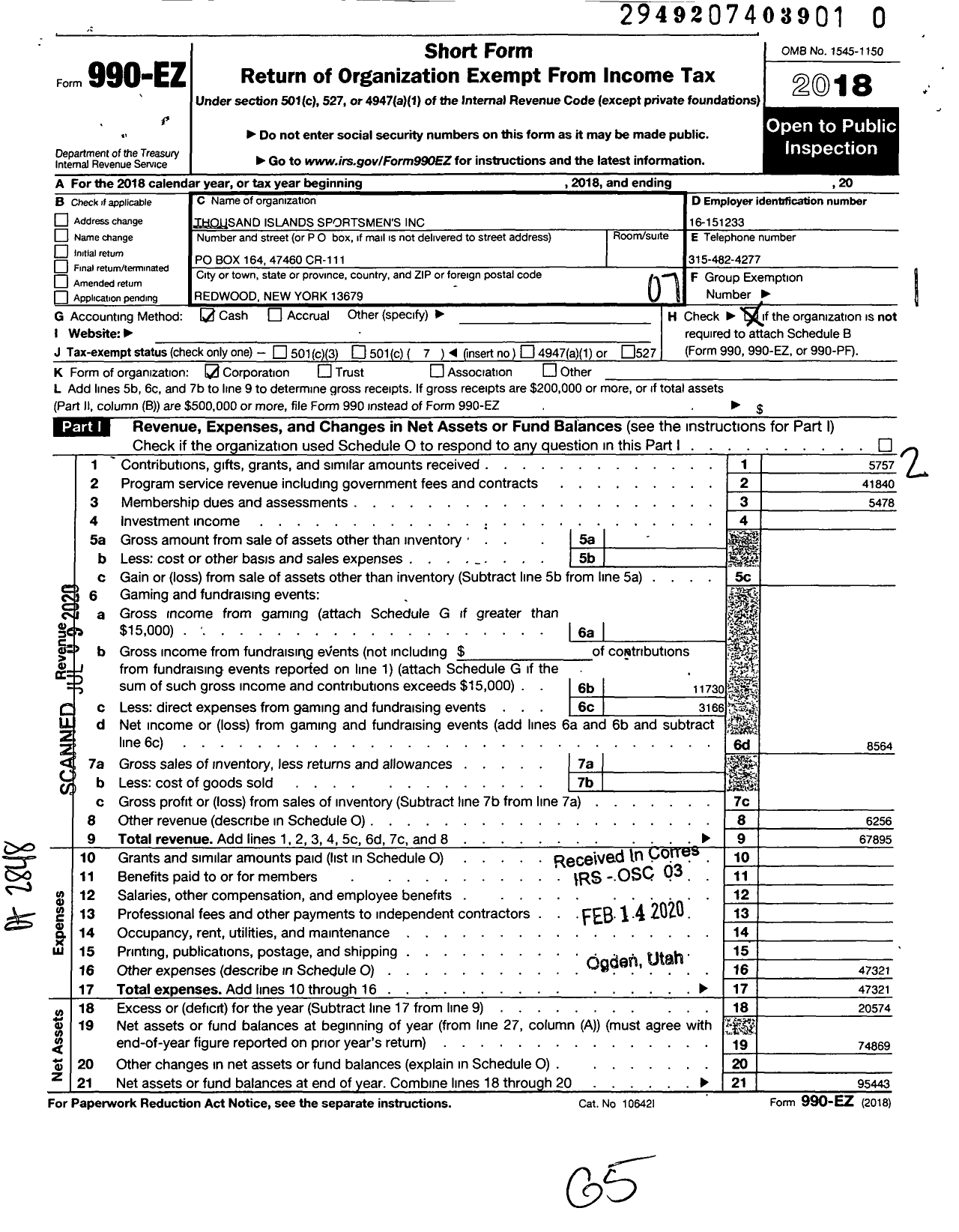 Image of first page of 2018 Form 990EO for Thousand Islands Sportsmens