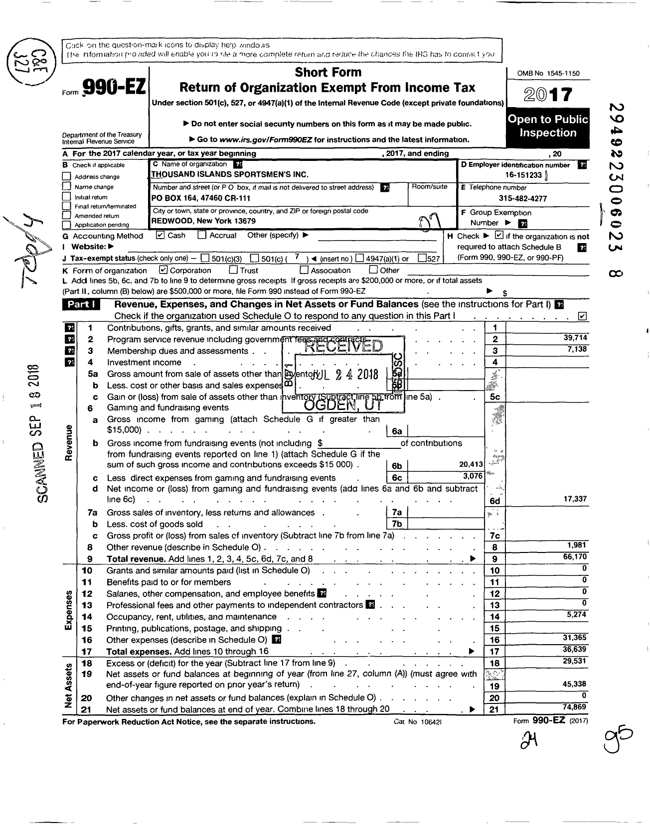 Image of first page of 2017 Form 990EO for Thousand Islands Sportsmens