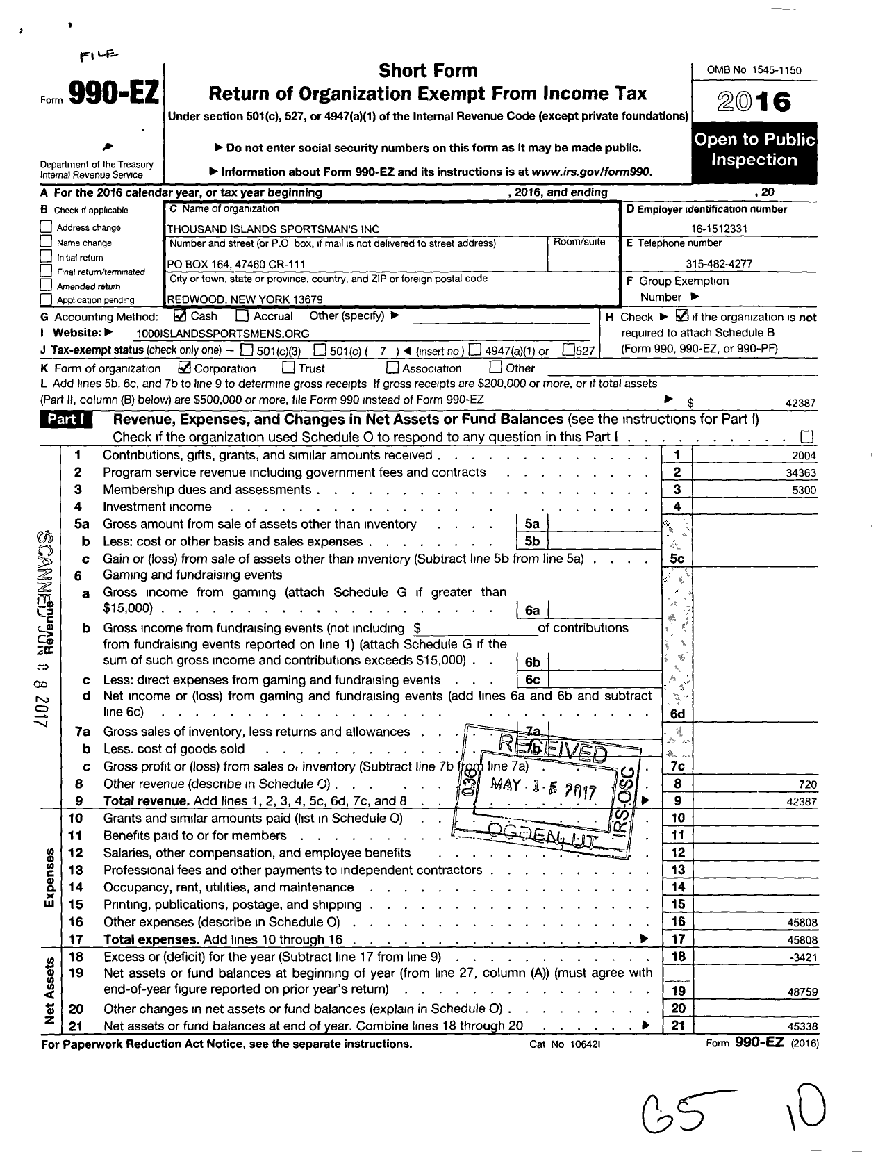 Image of first page of 2016 Form 990EO for Thousand Islands Sportsmens