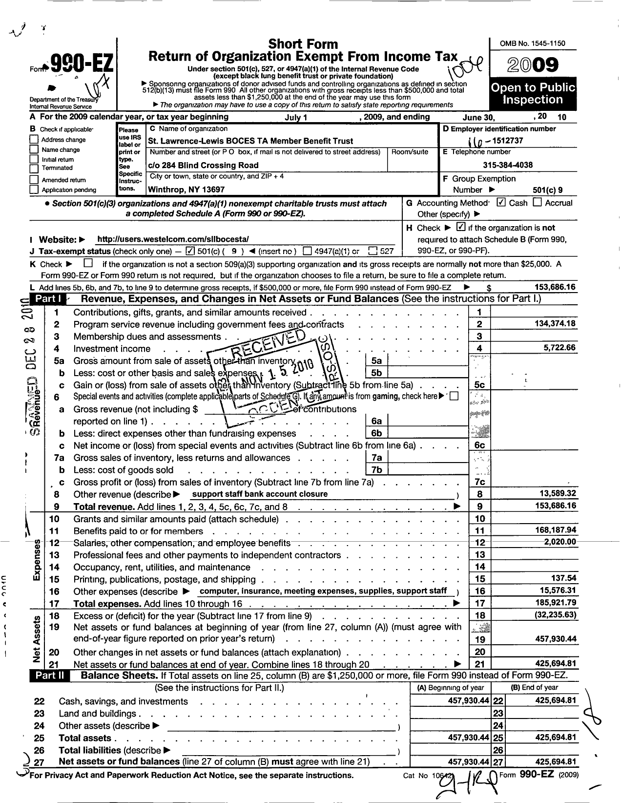 Image of first page of 2009 Form 990EO for St Lawrence-Lewis Boces Teachers Association Benefit Trust