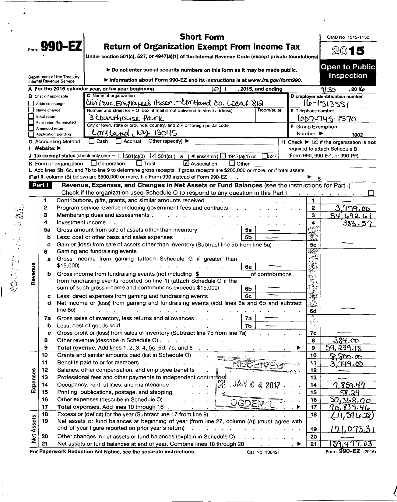 Image of first page of 2015 Form 990EO for Civil Service Employees Association - 0812 Cortland County