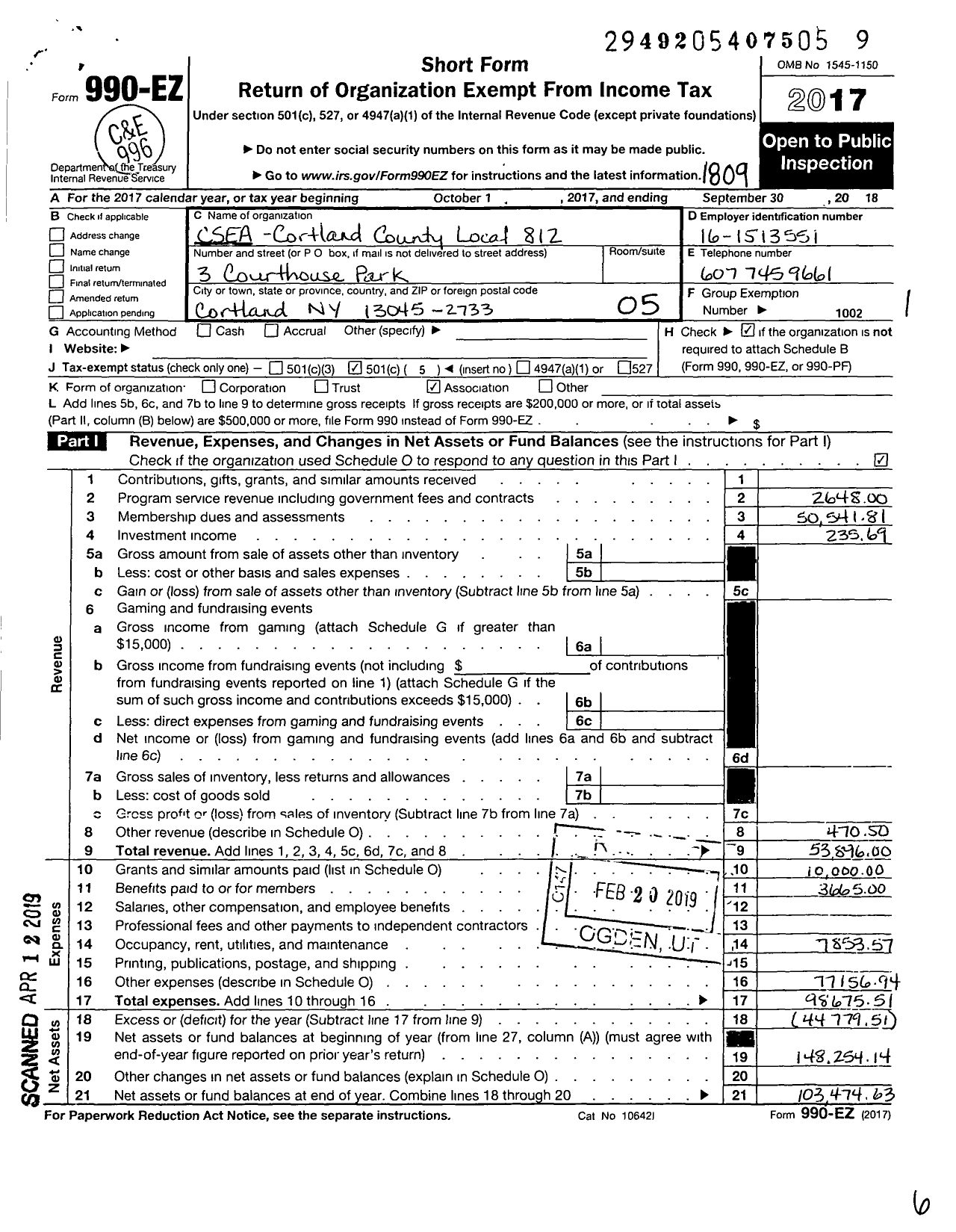 Image of first page of 2017 Form 990EO for Civil Service Employees Association - 0812 Cortland County