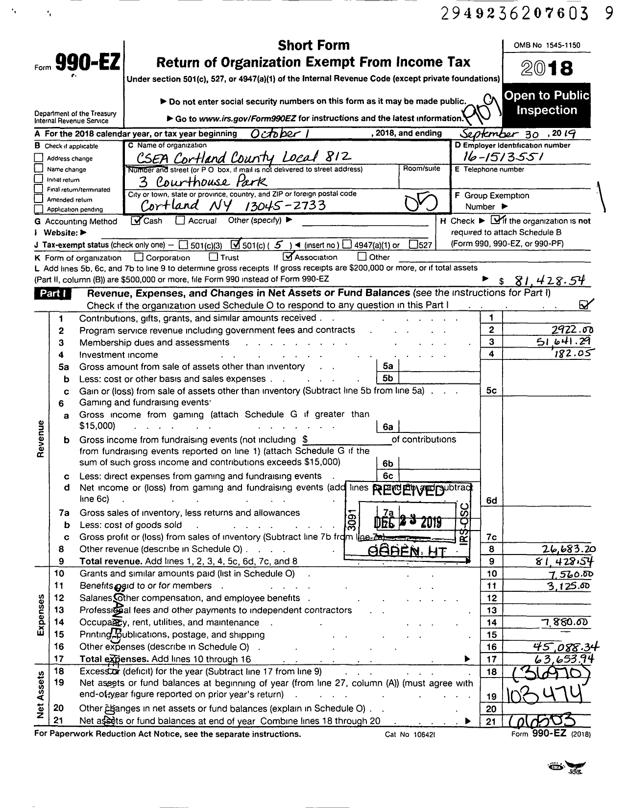 Image of first page of 2018 Form 990EO for Civil Service Employees Association - 0812 Cortland County