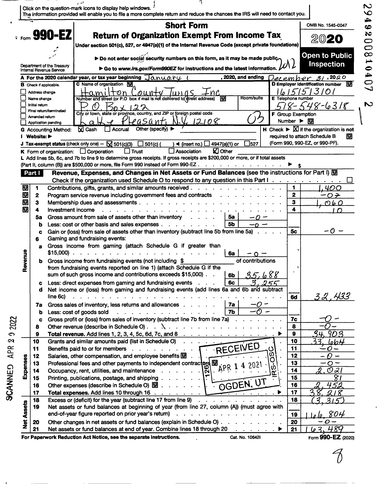 Image of first page of 2020 Form 990EZ for Hamilton County Twigs