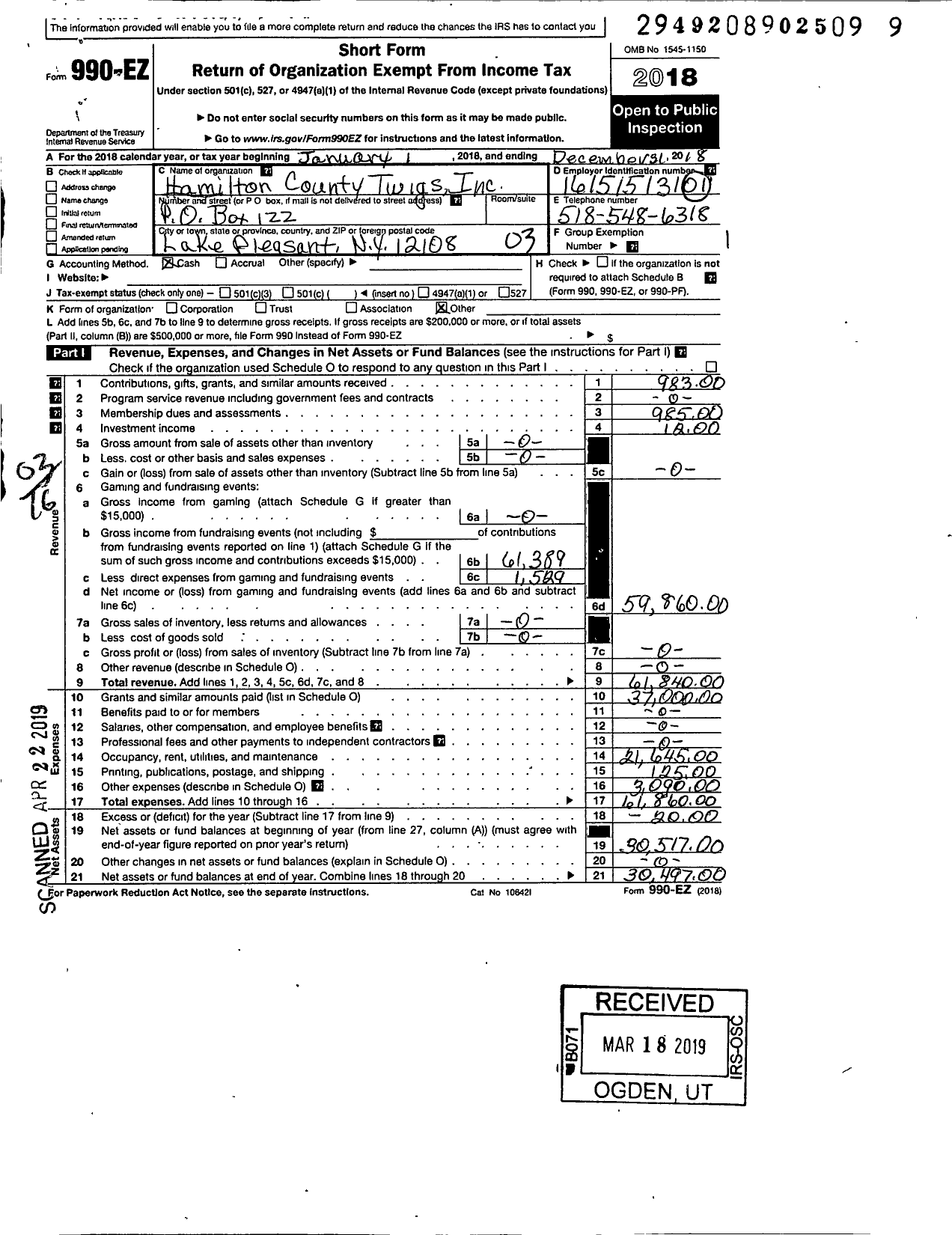 Image of first page of 2018 Form 990EZ for Hamilton County Twigs