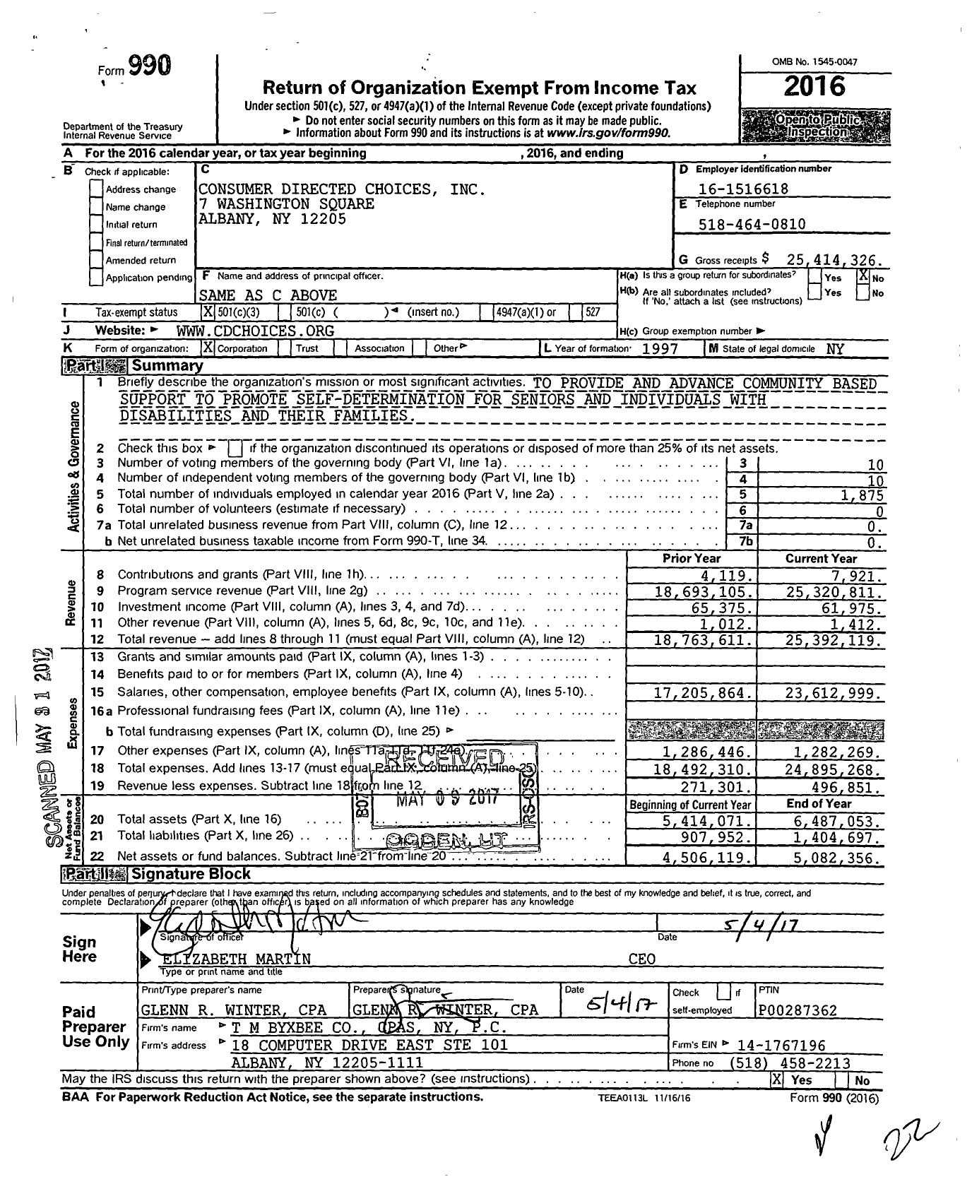 Image of first page of 2016 Form 990 for Consumer Directed Choices