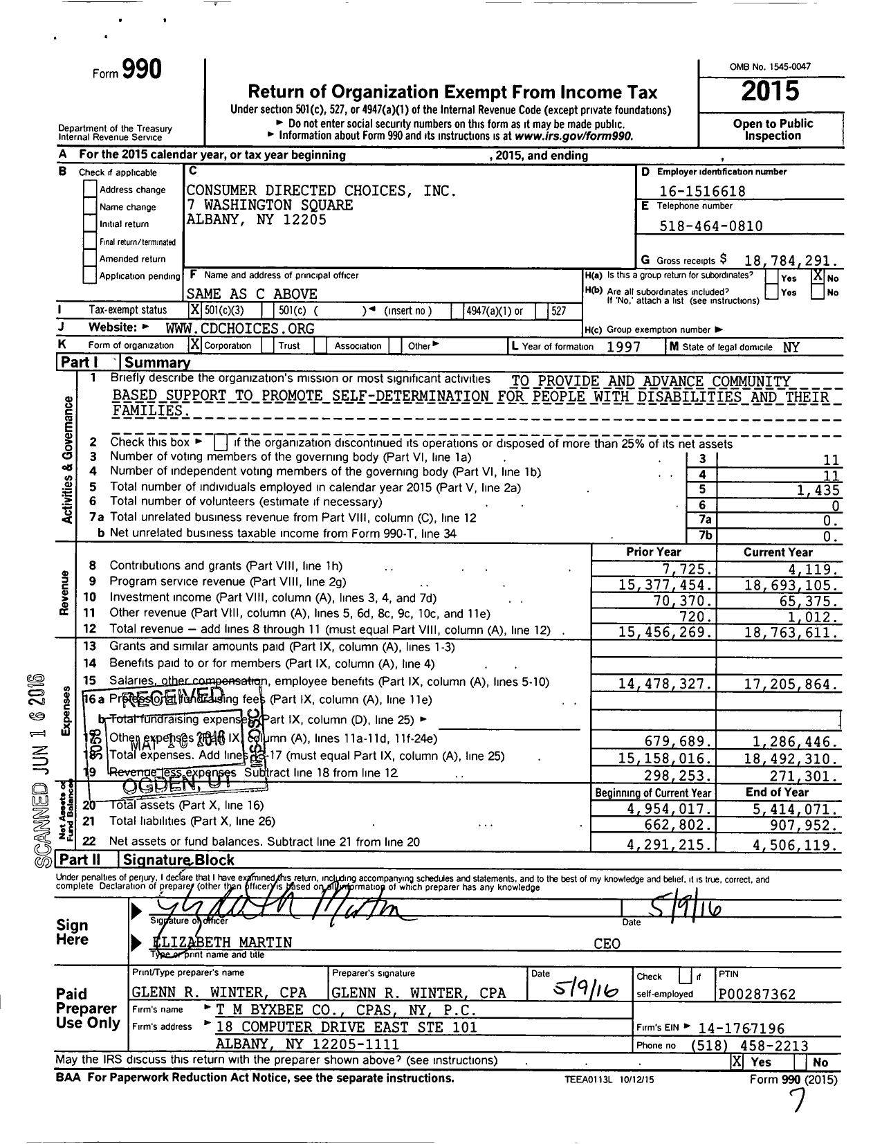 Image of first page of 2015 Form 990 for Consumer Directed Choices