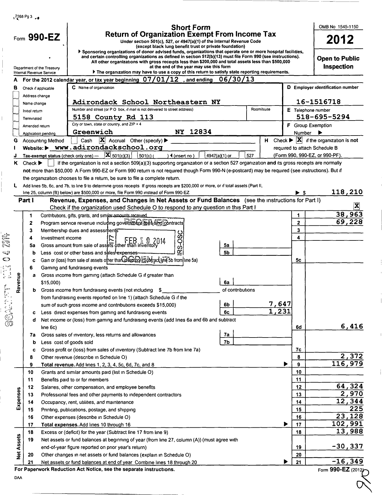 Image of first page of 2012 Form 990EZ for Adirondack School of Northeastern Ny