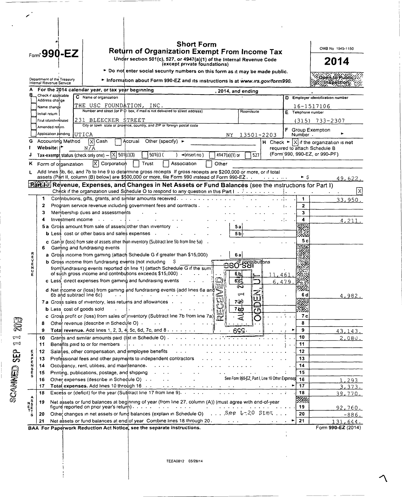 Image of first page of 2014 Form 990EZ for Usc Foundation