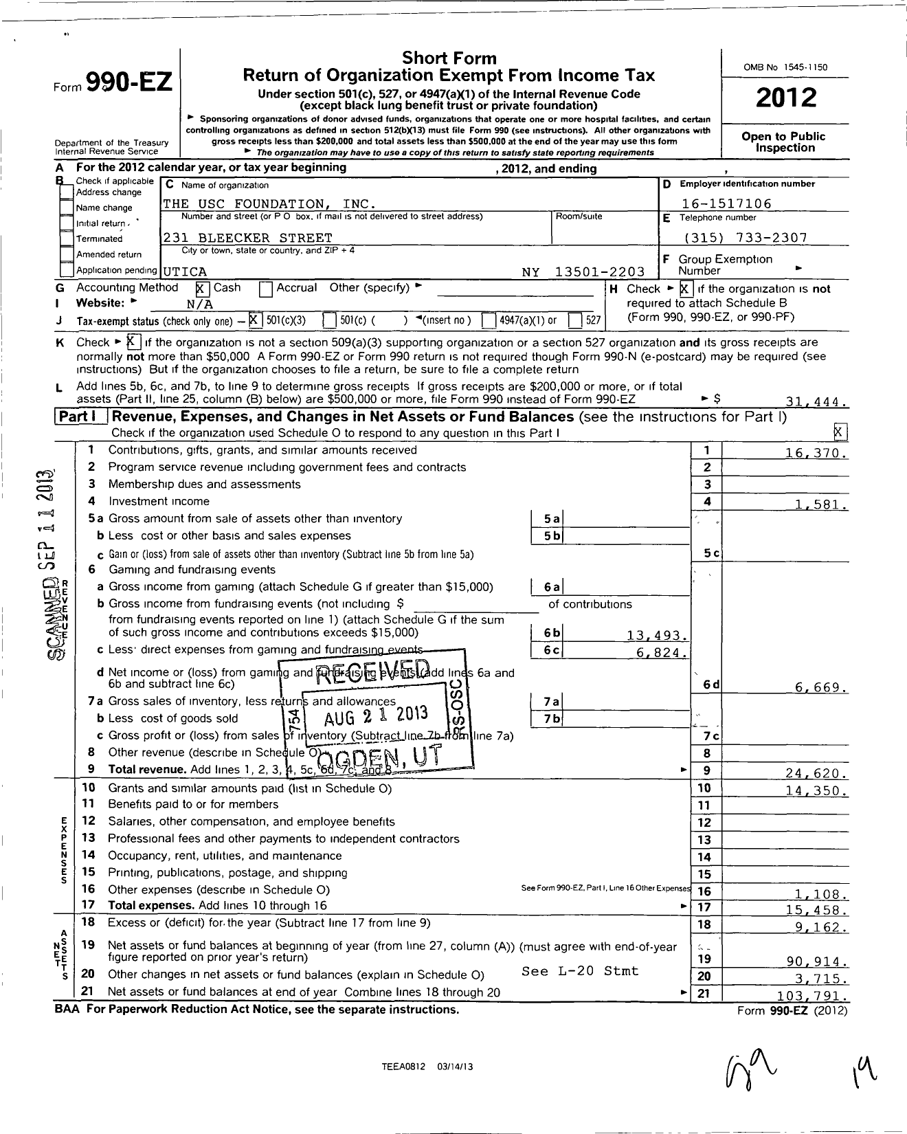 Image of first page of 2012 Form 990EZ for Usc Foundation