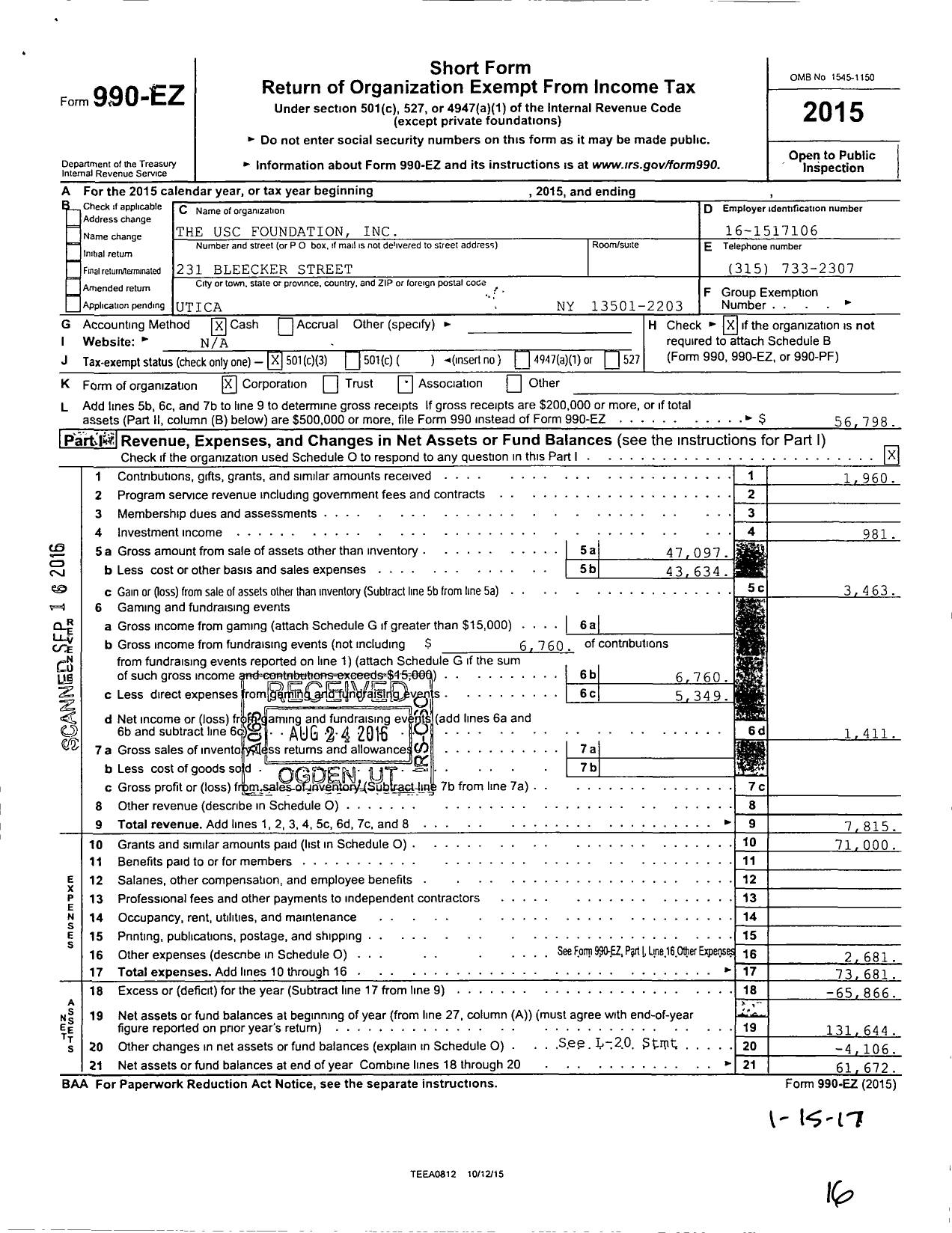 Image of first page of 2015 Form 990EZ for Usc Foundation