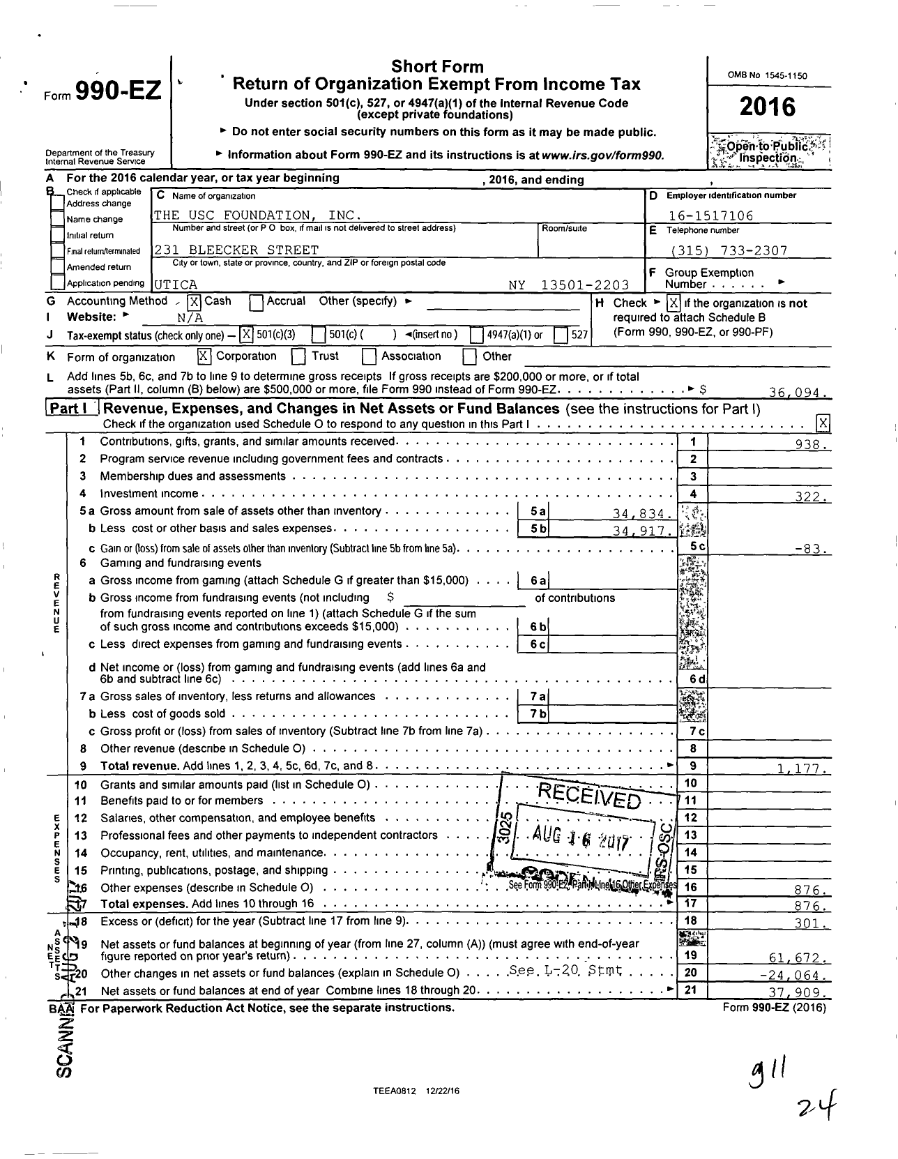 Image of first page of 2016 Form 990EZ for Usc Foundation