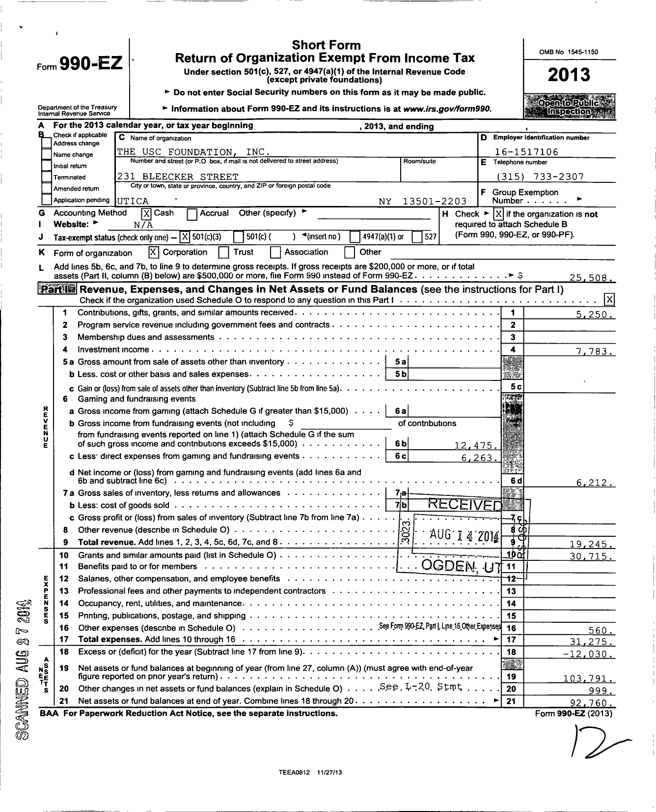 Image of first page of 2013 Form 990EZ for Usc Foundation