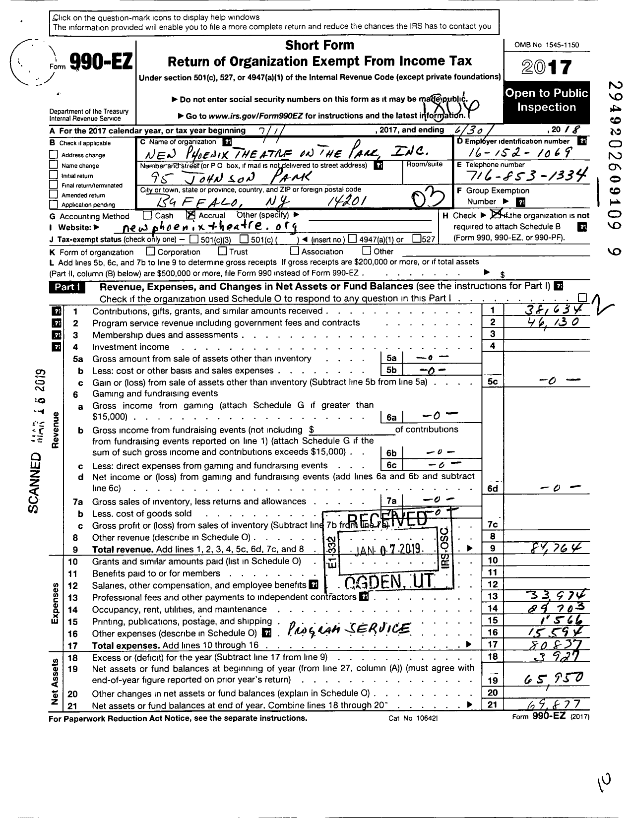 Image of first page of 2017 Form 990EZ for New Phoenix Theatre of the Park