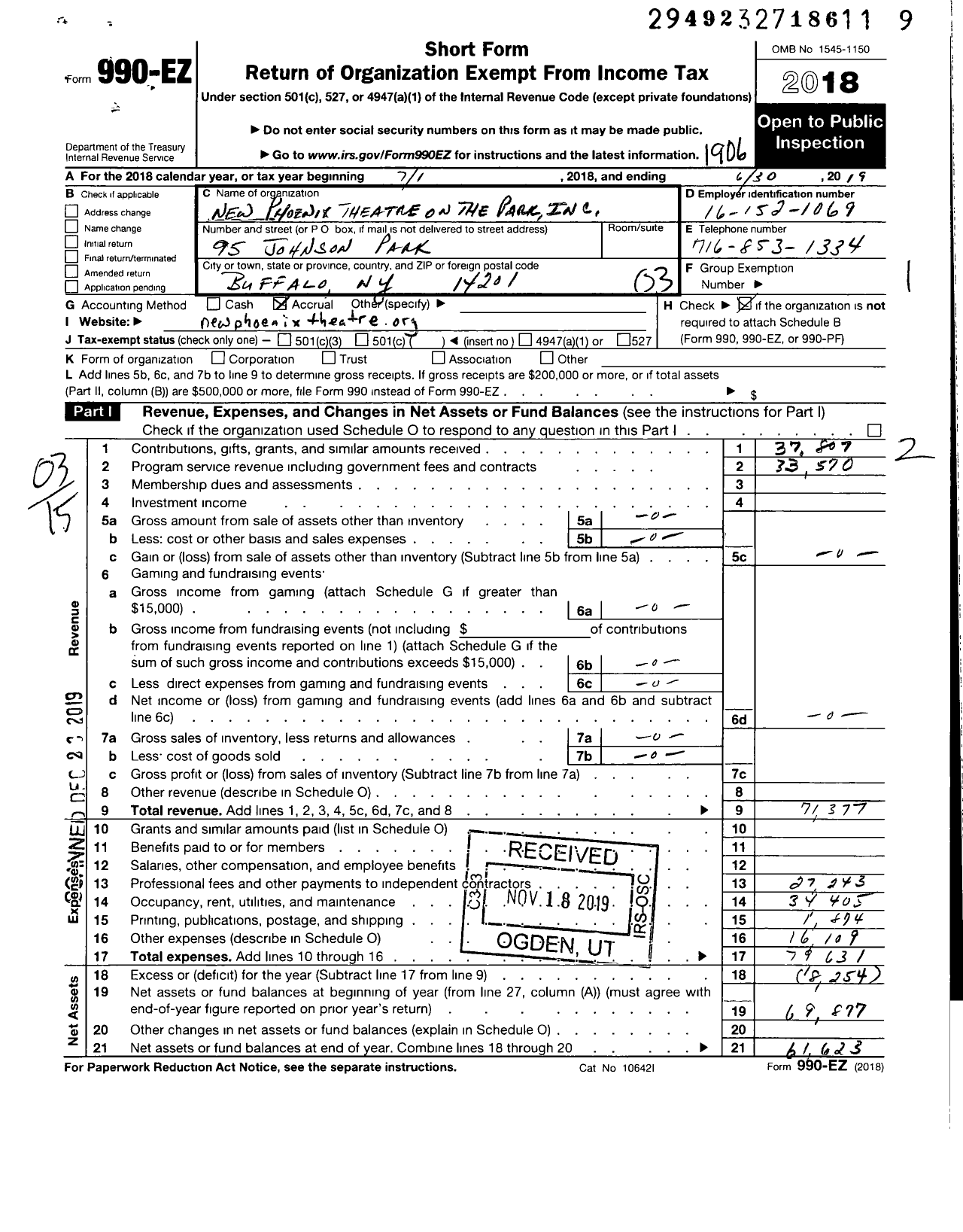 Image of first page of 2018 Form 990EZ for New Phoenix Theatre of the Park