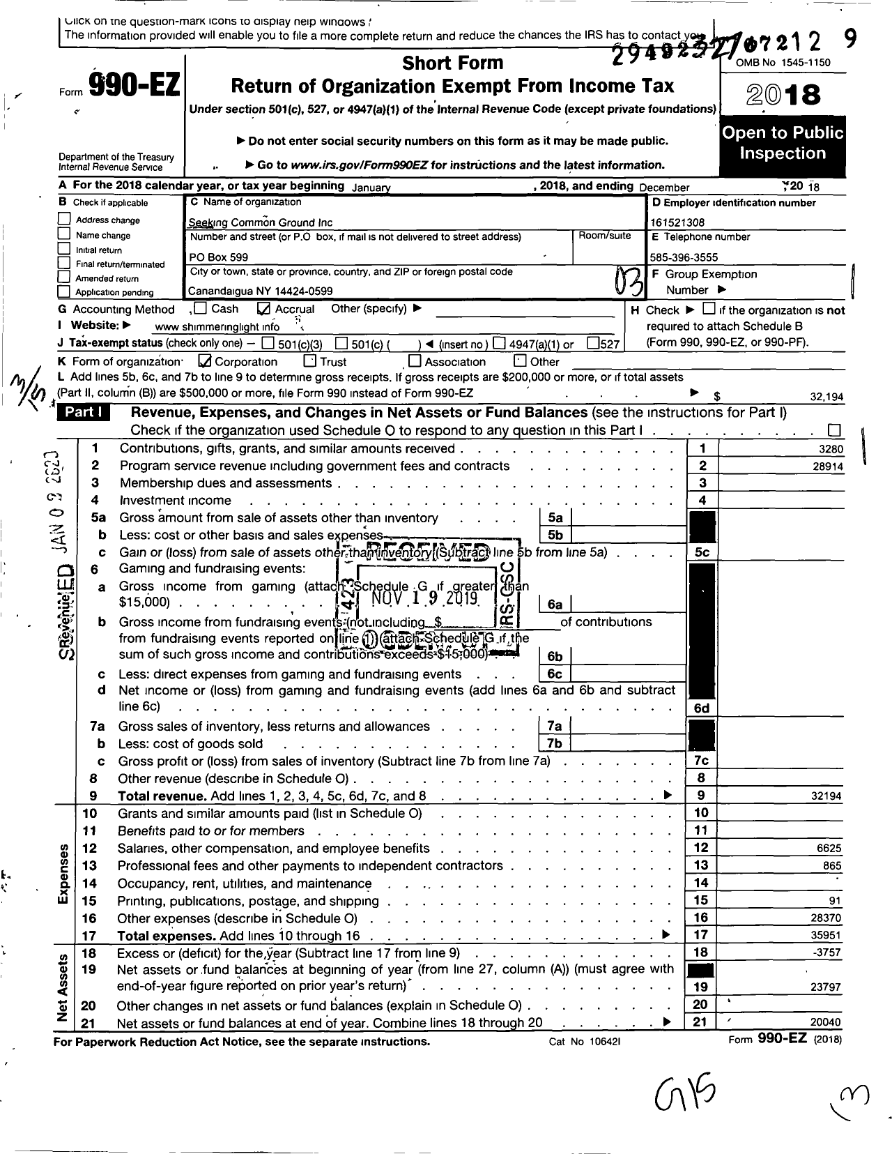 Image of first page of 2018 Form 990EZ for Seeking Common Ground