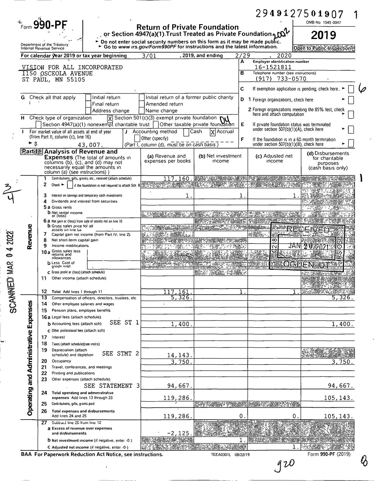 Image of first page of 2019 Form 990PF for Vision for All Incorporated