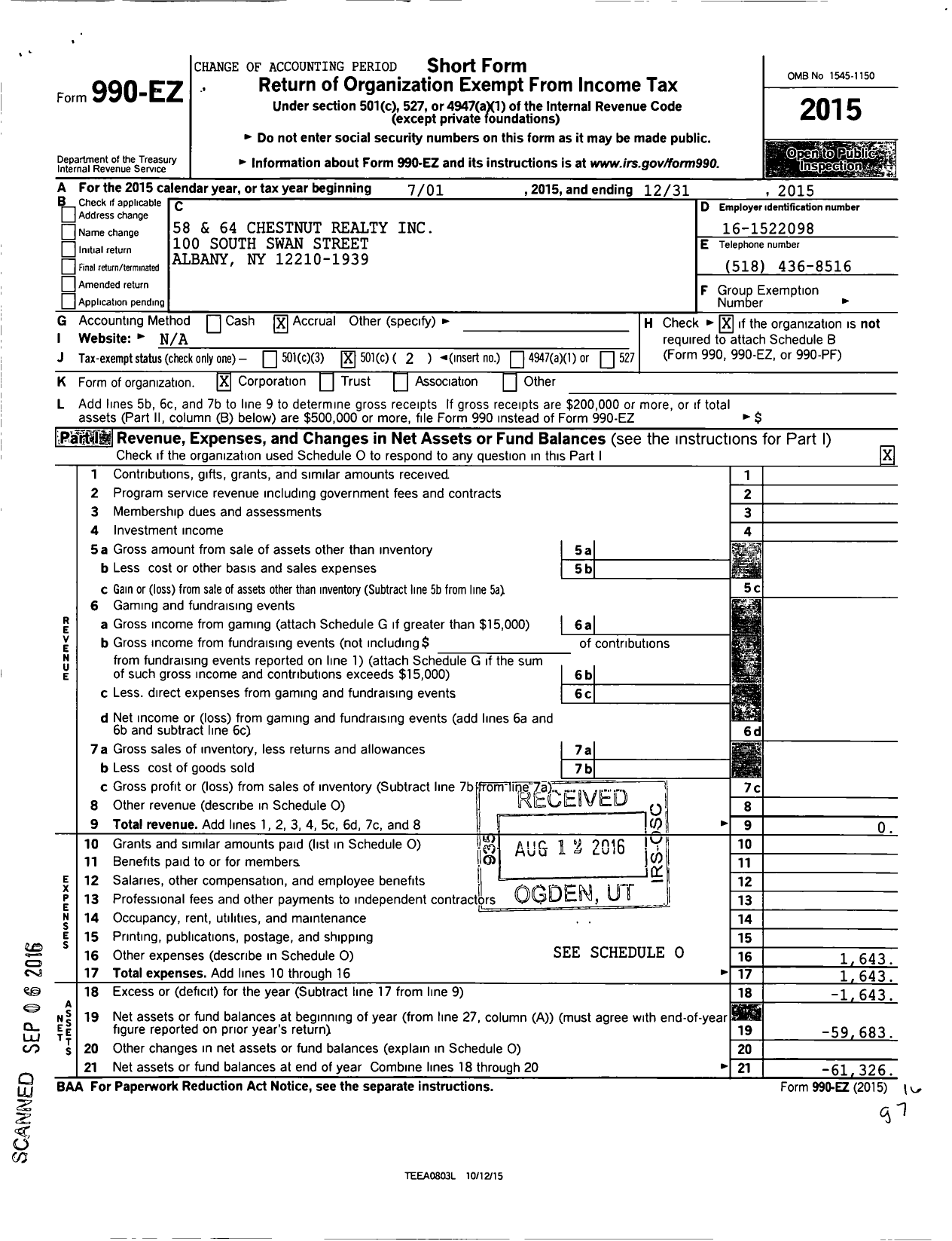 Image of first page of 2015 Form 990EO for 58 and 64 Chestnut Realty