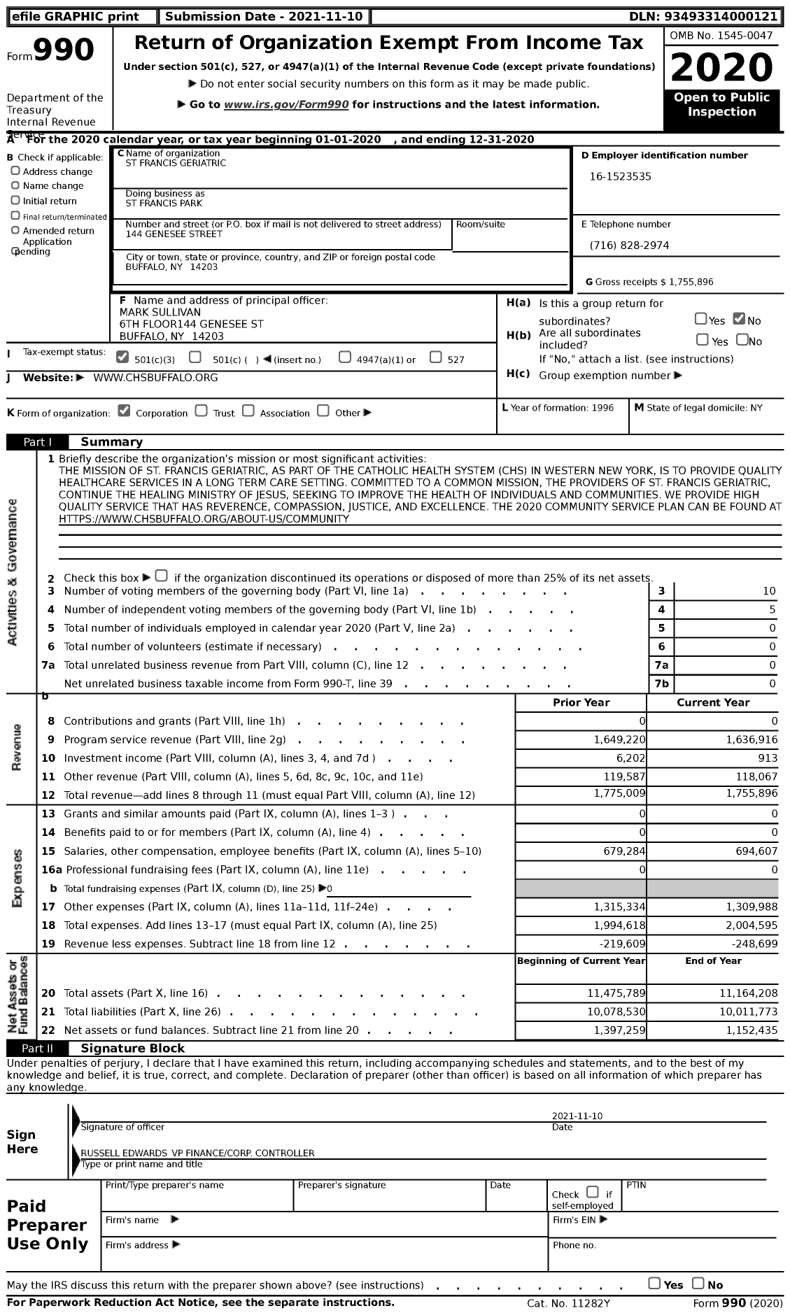 Image of first page of 2020 Form 990 for St Francis Park