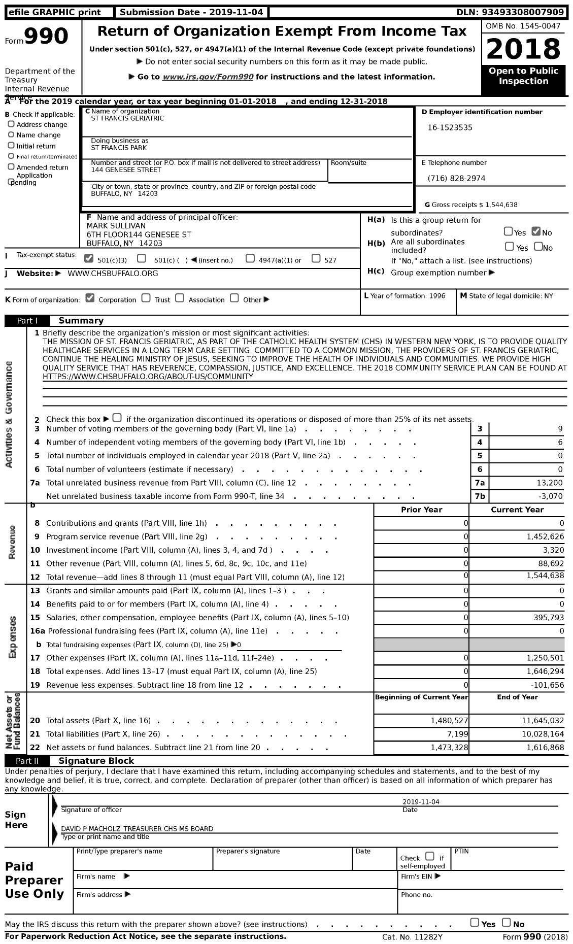 Image of first page of 2018 Form 990 for St Francis Park