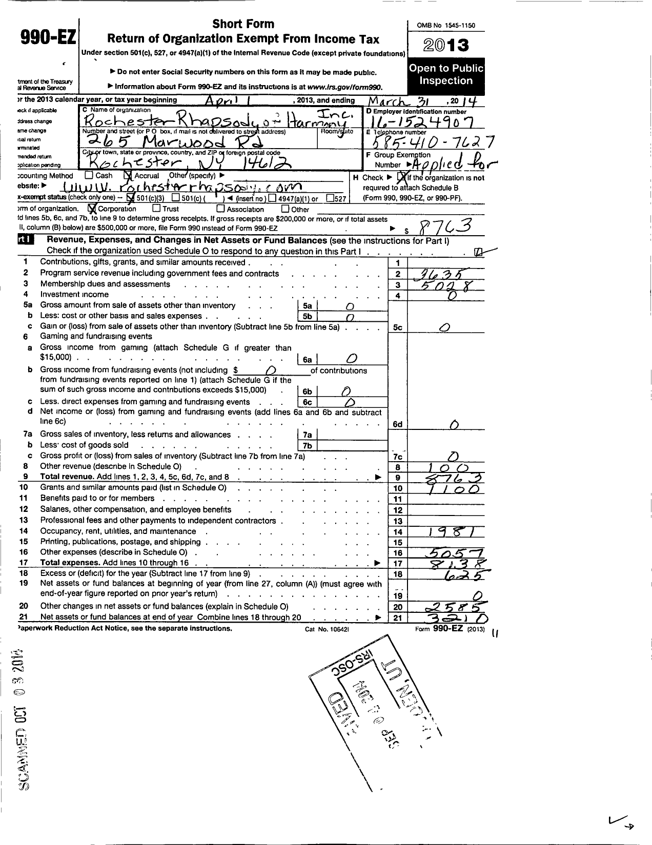 Image of first page of 2013 Form 990EZ for Harmony / Rochester Rhapsody