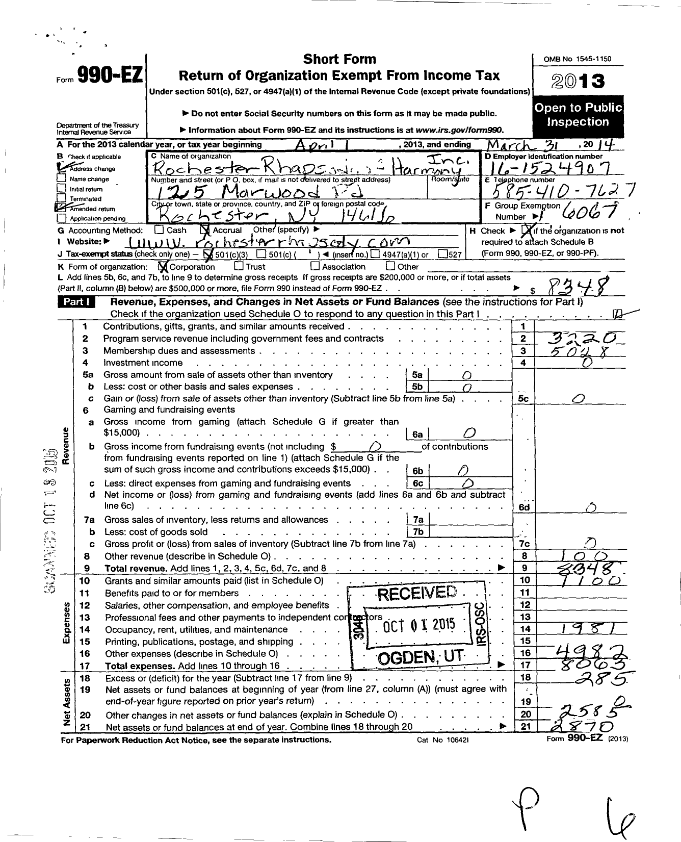 Image of first page of 2013 Form 990EZ for Harmony / Rochester Rhapsody