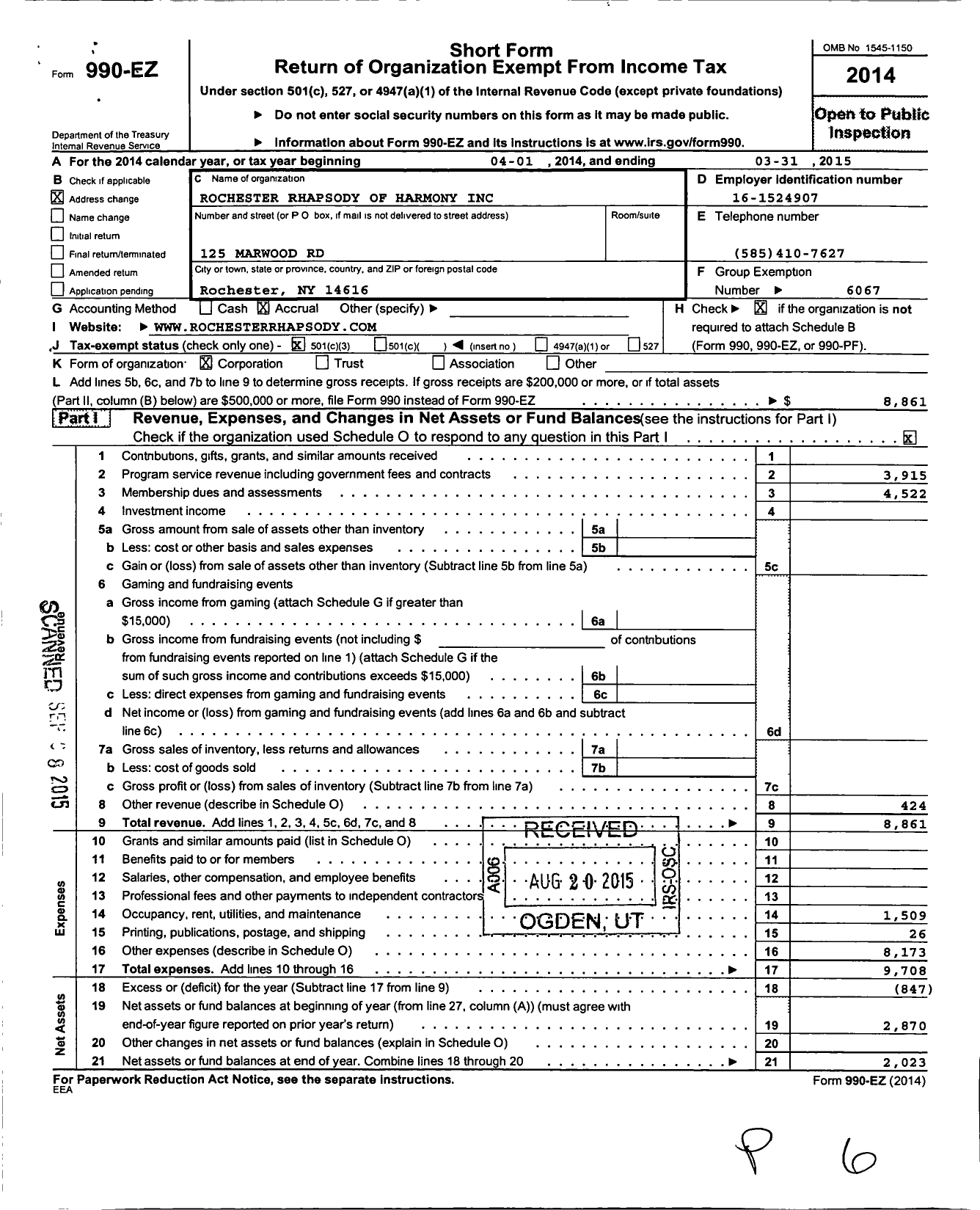 Image of first page of 2014 Form 990EZ for Harmony / Rochester Rhapsody