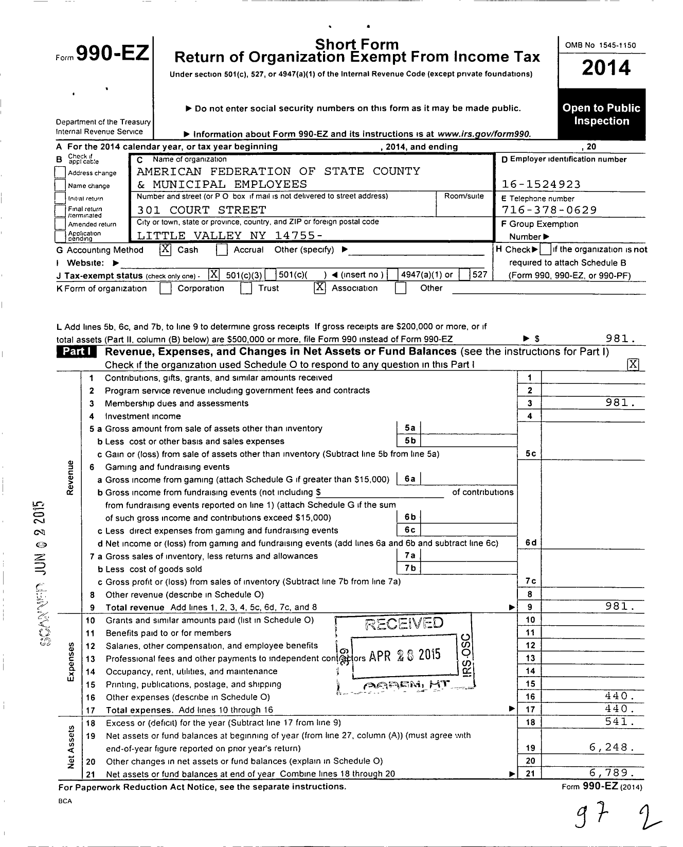 Image of first page of 2014 Form 990EZ for American Federation of State County & Municipal Employees - L0325ny Cattaraugus Cty Sup Dep SHR