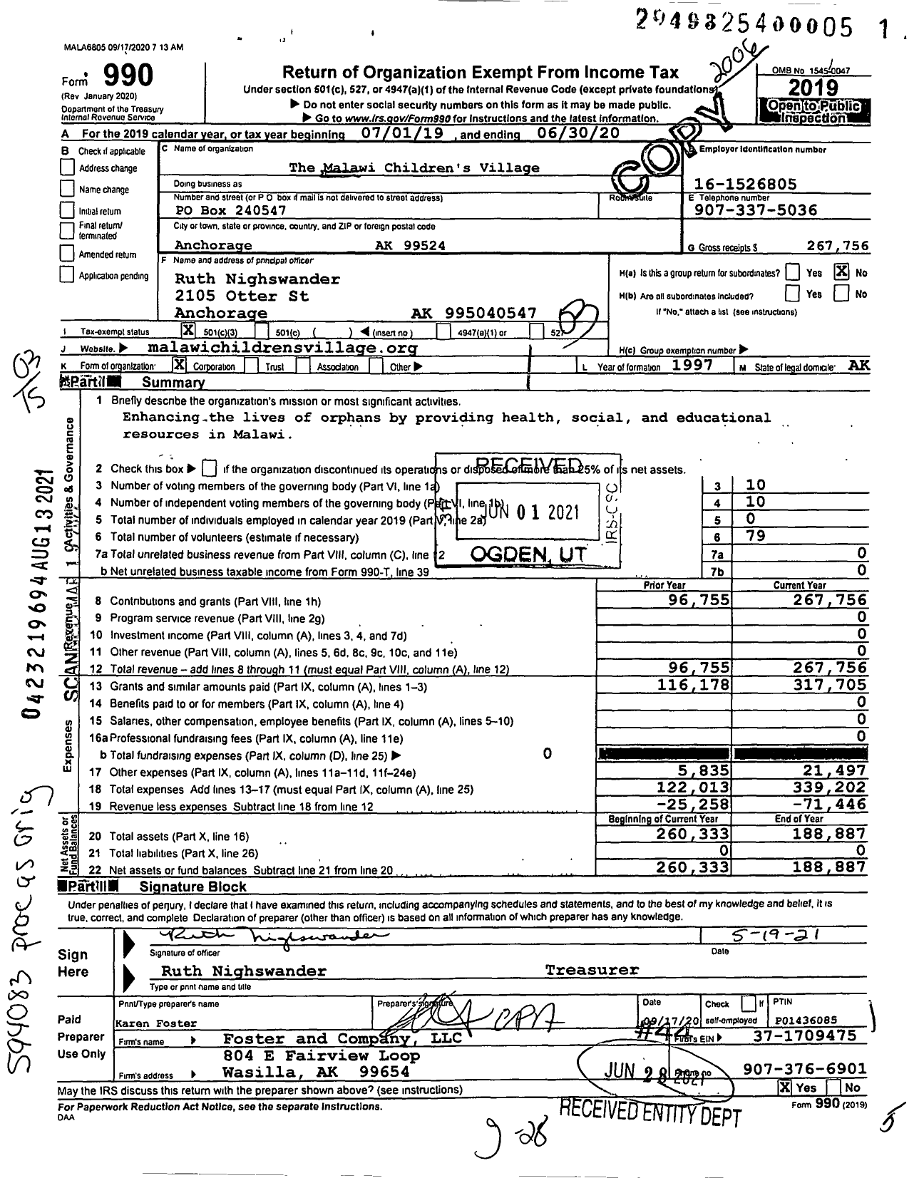 Image of first page of 2019 Form 990 for Malawi Children's Village Foundation