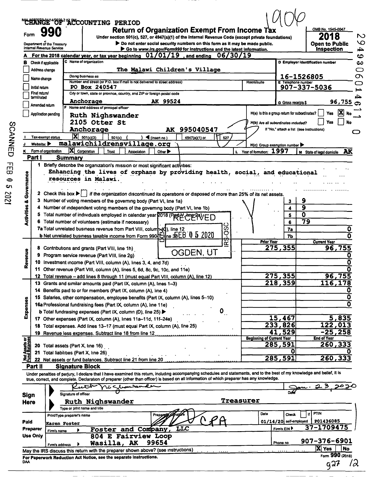 Image of first page of 2018 Form 990 for Malawi Children's Village Foundation