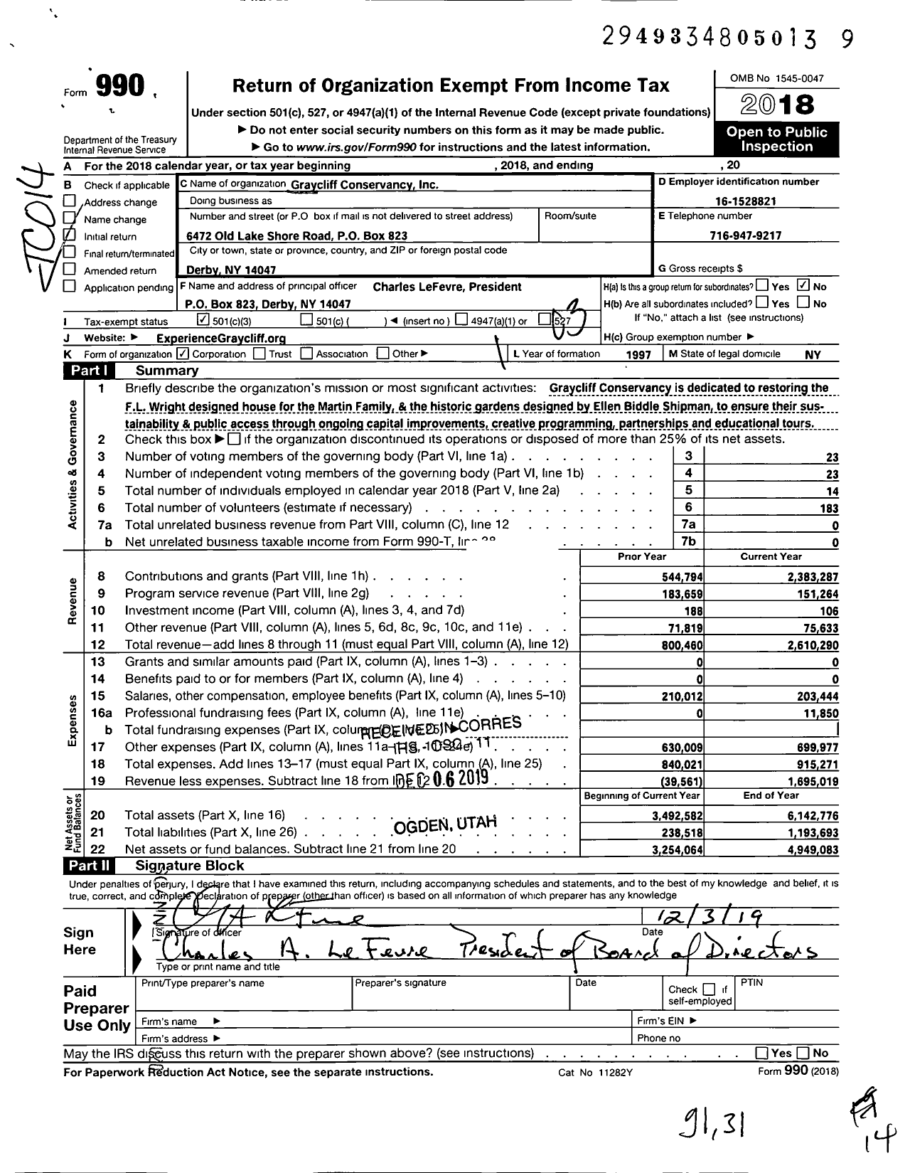 Image of first page of 2018 Form 990 for Graycliff Conservancy
